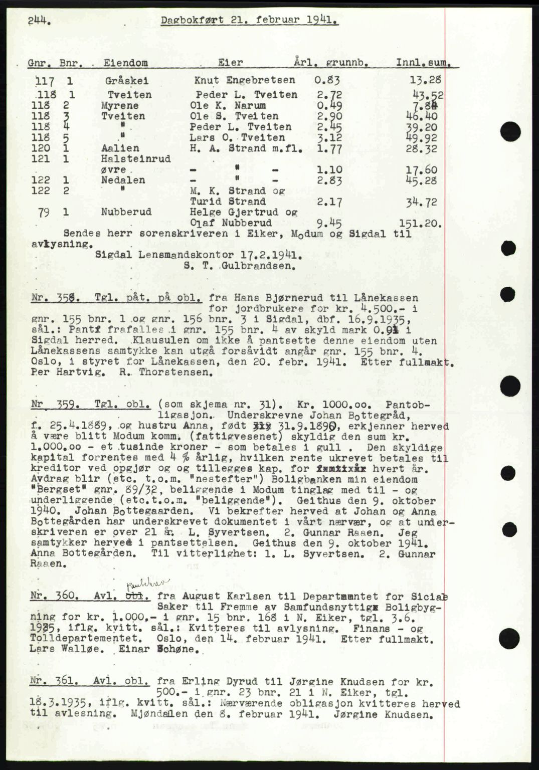 Eiker, Modum og Sigdal sorenskriveri, SAKO/A-123/G/Ga/Gab/L0043: Mortgage book no. A13, 1940-1941, Diary no: : 358/1941
