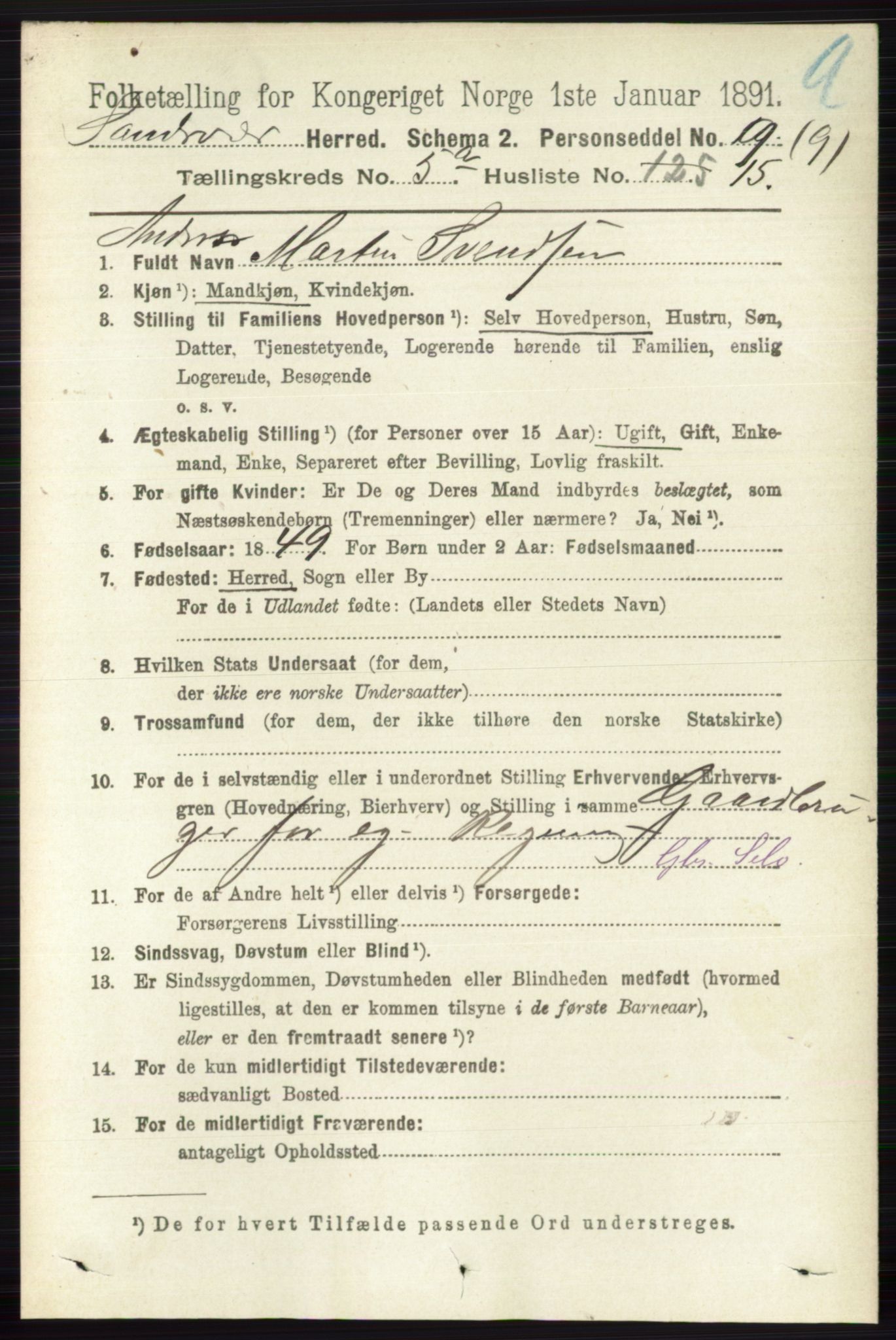RA, 1891 census for 0629 Sandsvær, 1891, p. 2573