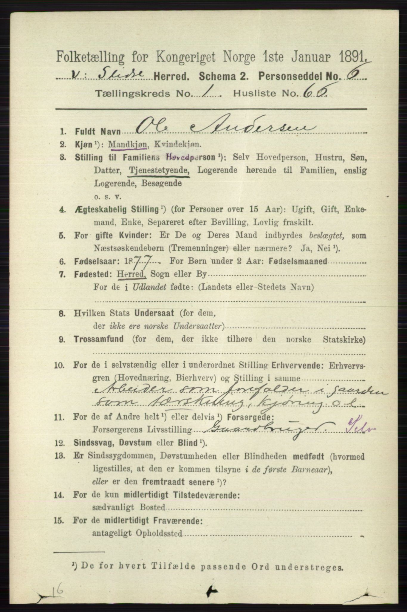 RA, 1891 census for 0543 Vestre Slidre, 1891, p. 451