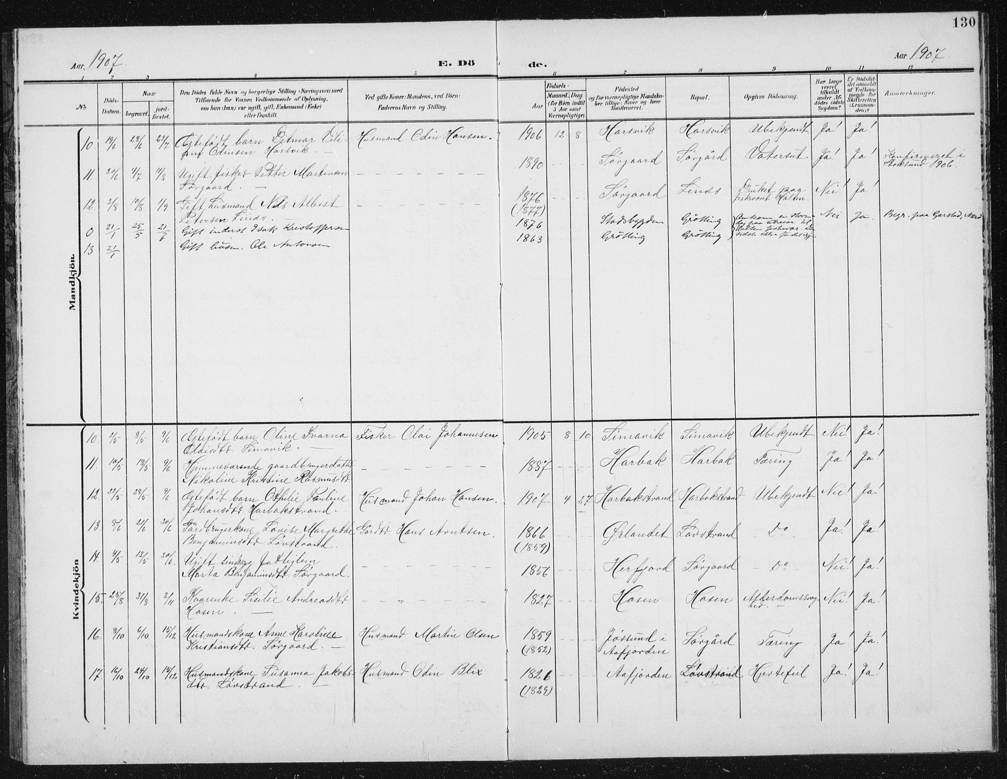 Ministerialprotokoller, klokkerbøker og fødselsregistre - Sør-Trøndelag, SAT/A-1456/656/L0699: Parish register (copy) no. 656C05, 1905-1920, p. 130