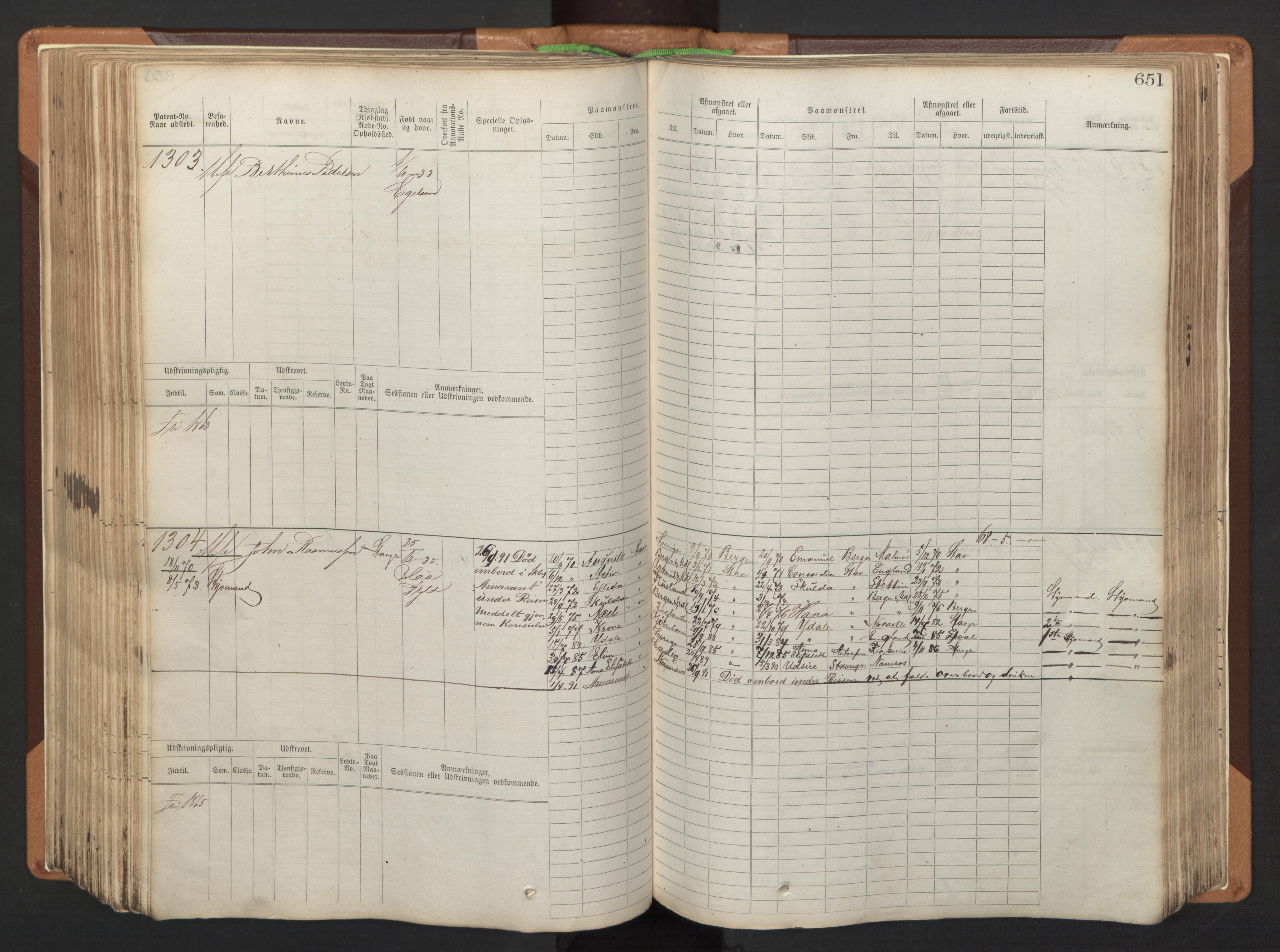 Stavanger sjømannskontor, AV/SAST-A-102006/F/Fb/Fbb/L0005: Sjøfartshovedrulle, patentnr. 793-1606 (del 2), 1869-1880, p. 261