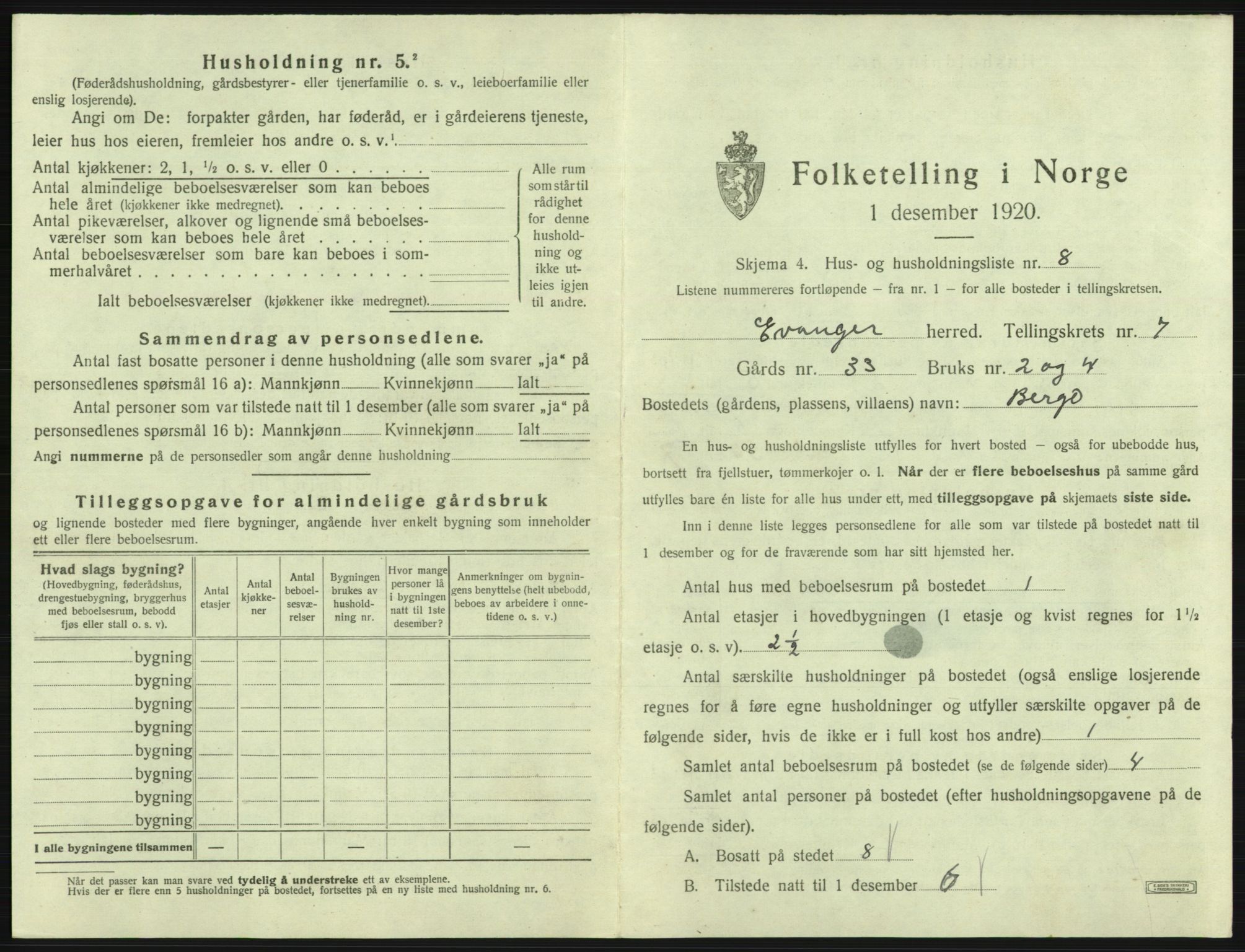 SAB, 1920 census for Evanger, 1920, p. 355