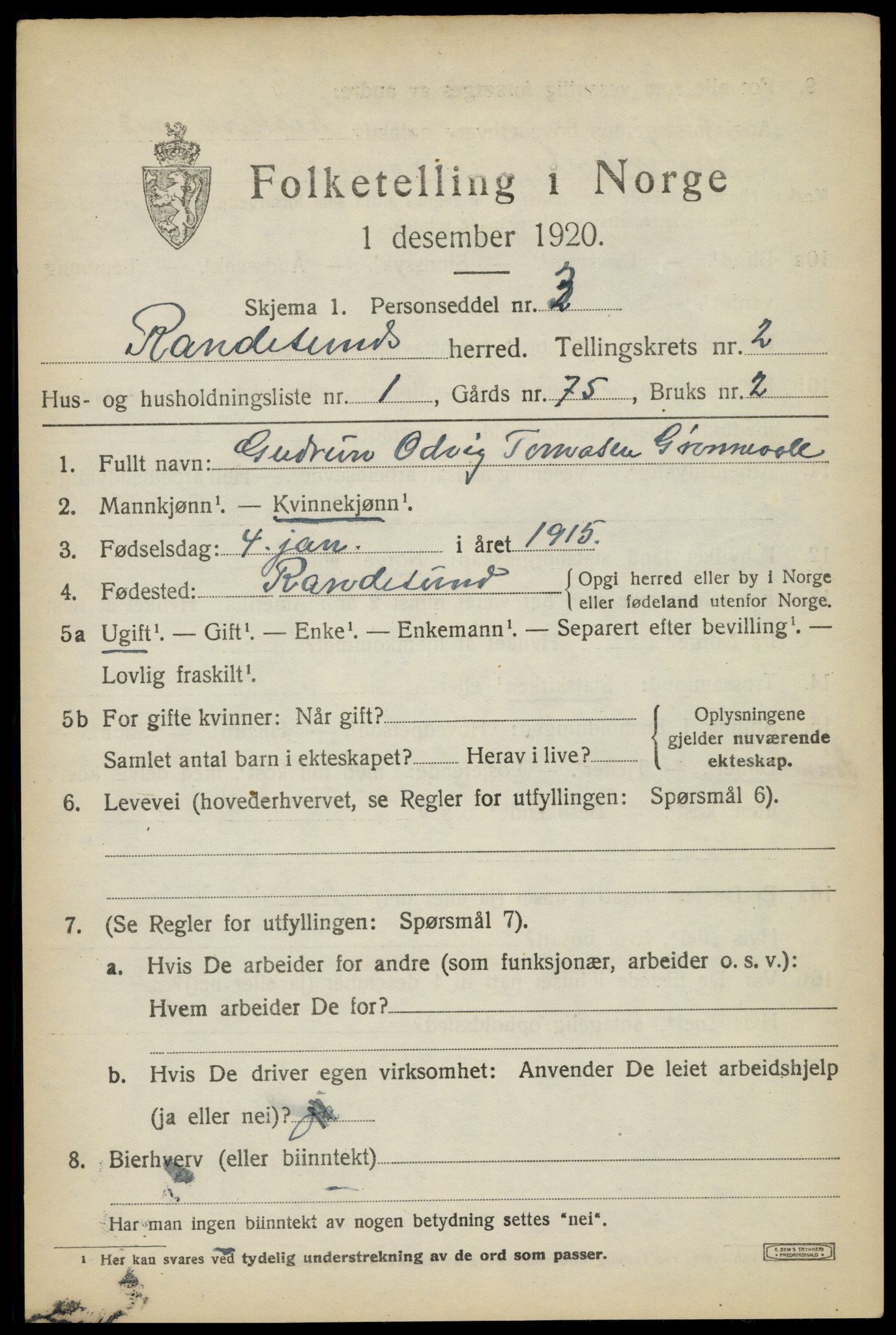 SAK, 1920 census for Randesund, 1920, p. 1092