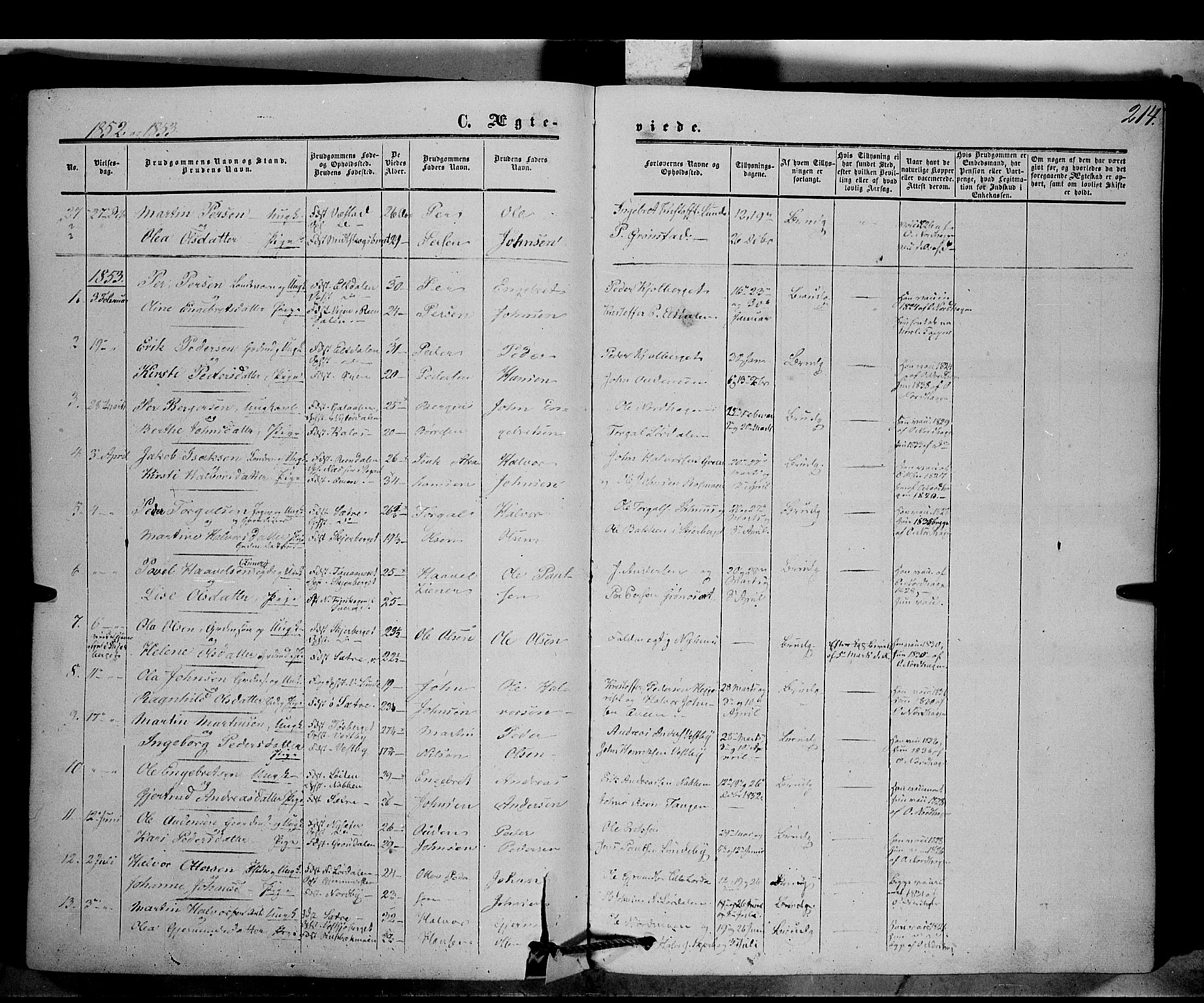 Trysil prestekontor, SAH/PREST-046/H/Ha/Haa/L0005: Parish register (official) no. 5, 1851-1865, p. 214