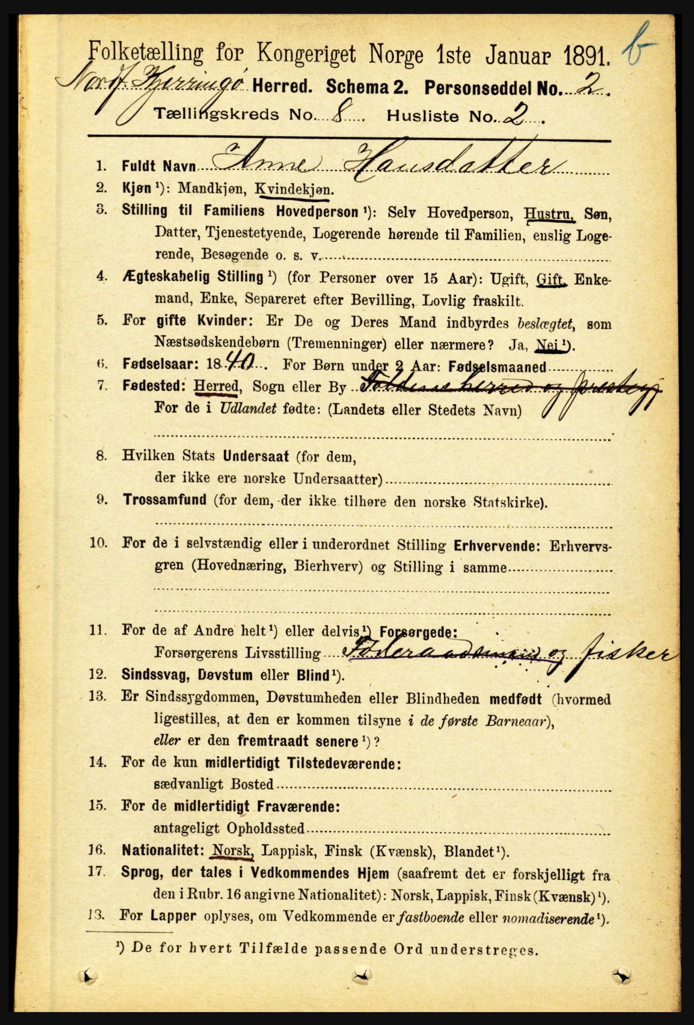 RA, 1891 census for 1846 Nordfold-Kjerringøy, 1891, p. 1992