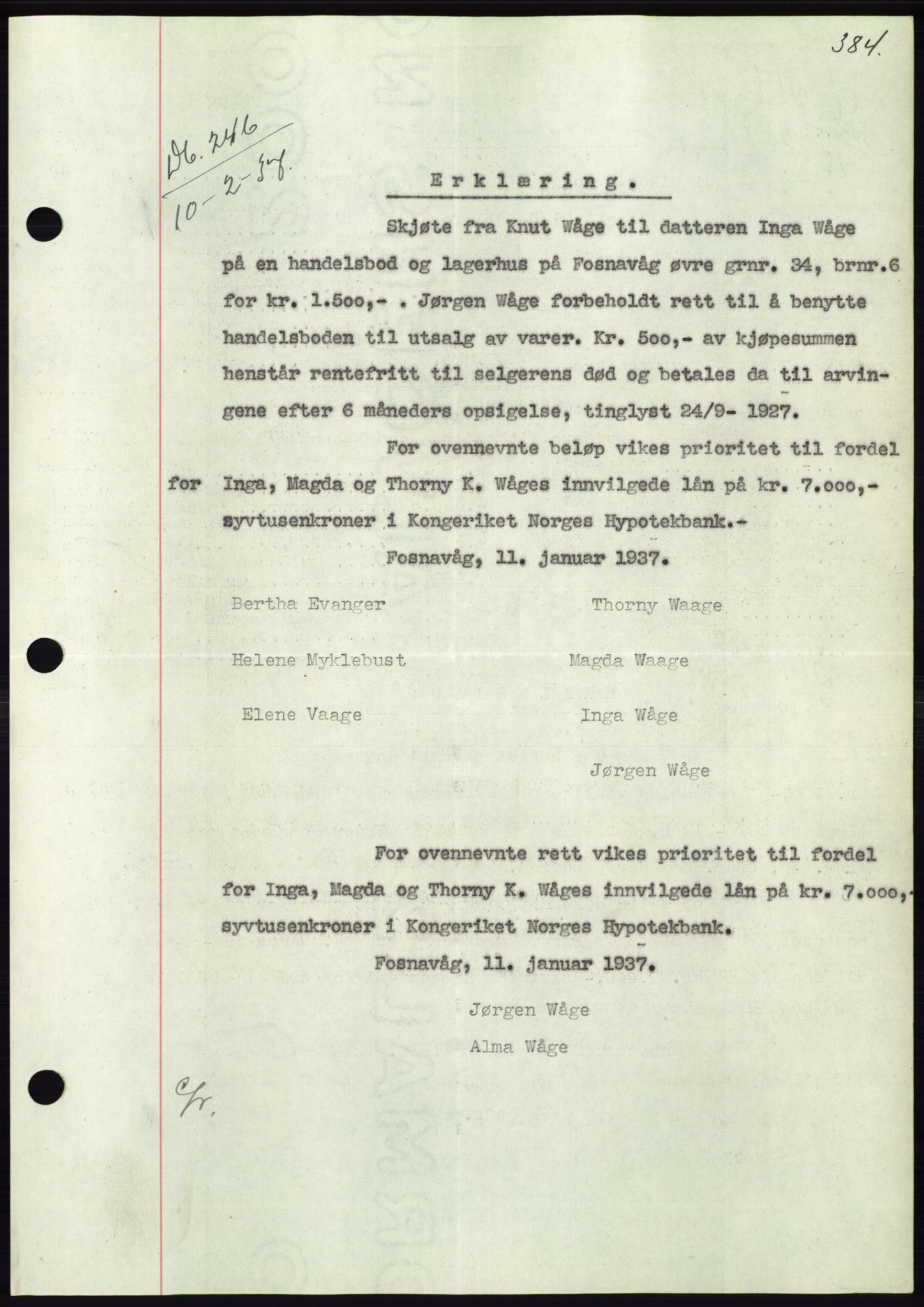 Søre Sunnmøre sorenskriveri, SAT/A-4122/1/2/2C/L0062: Mortgage book no. 56, 1936-1937, Diary no: : 246/1937