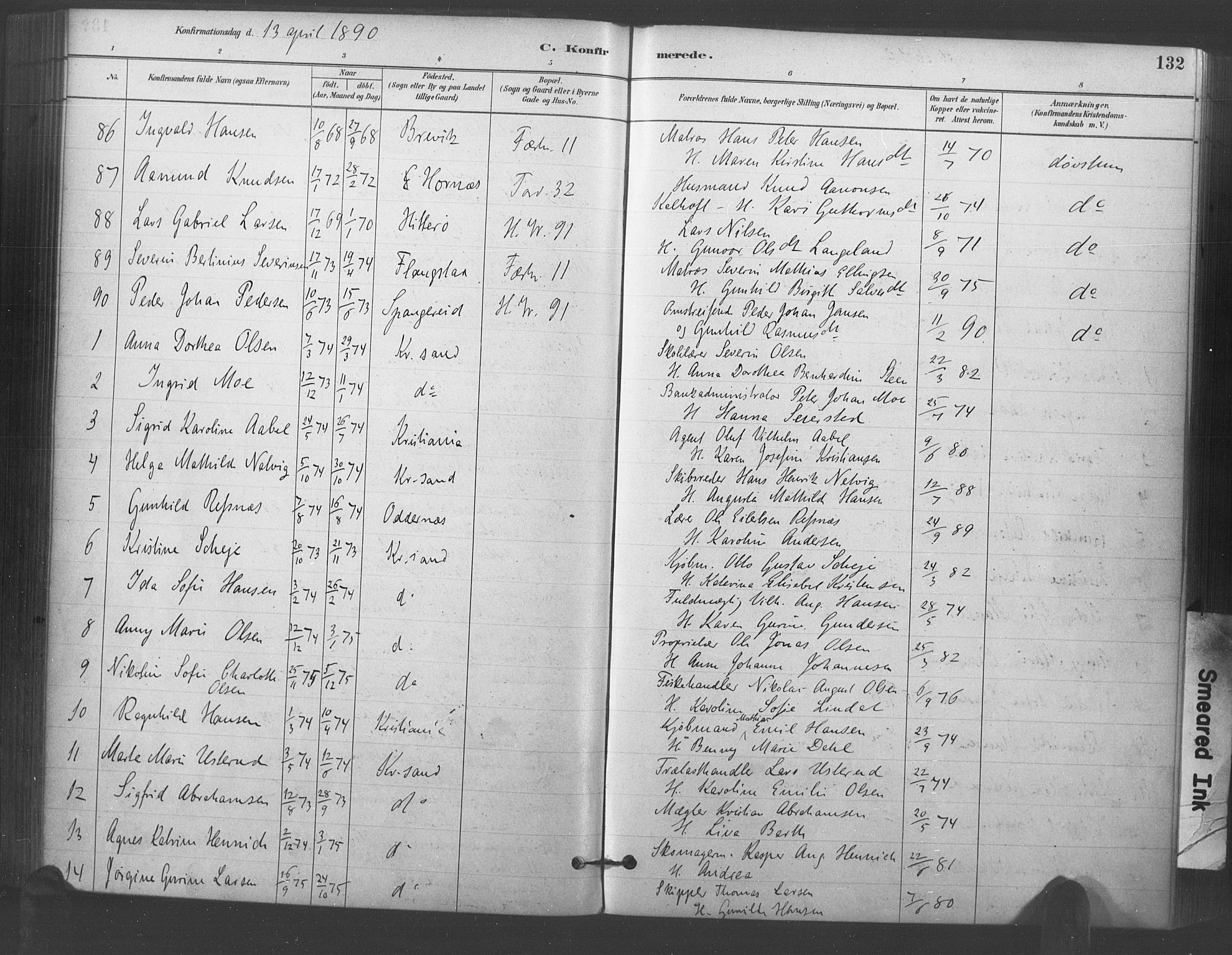 Kristiansand domprosti, AV/SAK-1112-0006/F/Fa/L0018: Parish register (official) no. A 17, 1880-1892, p. 132