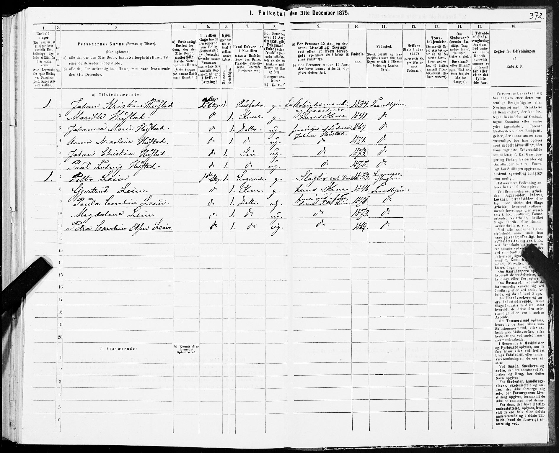 SAT, 1875 census for 1601 Trondheim, 1875, p. 3372