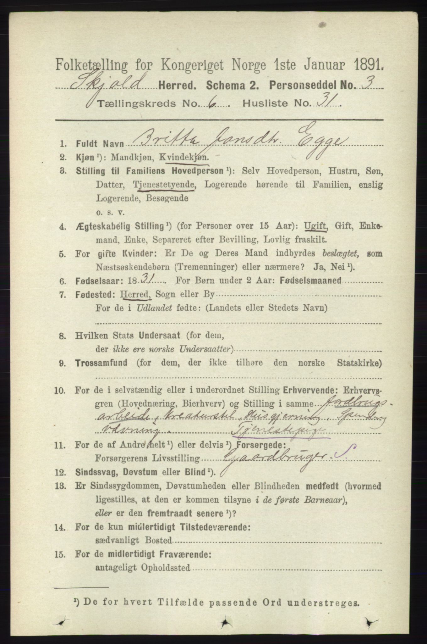 RA, 1891 census for 1154 Skjold, 1891, p. 1171