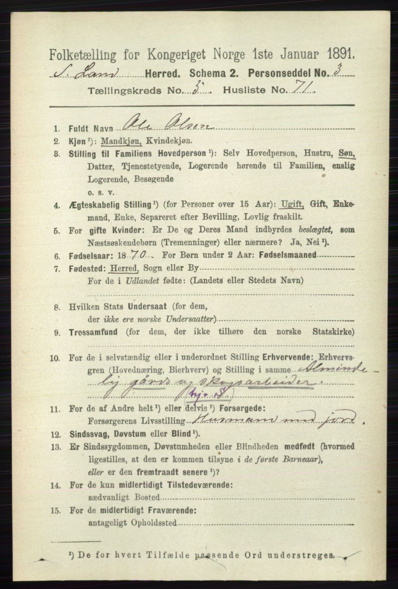 RA, 1891 census for 0536 Søndre Land, 1891, p. 5267