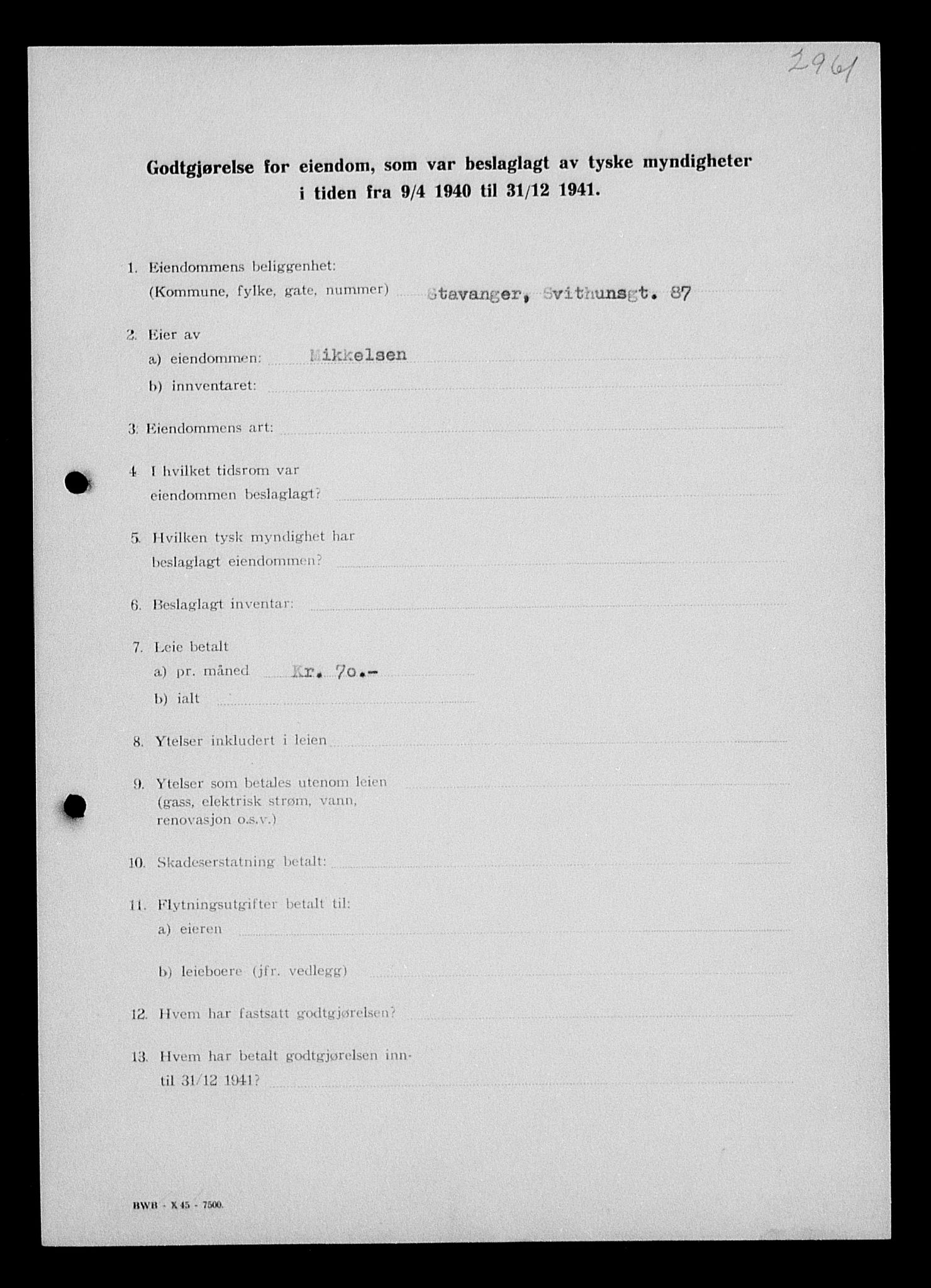 Justisdepartementet, Tilbakeføringskontoret for inndratte formuer, AV/RA-S-1564/I/L1014: Godtgjørelse for beslaglagt eiendom, 1940-1941, p. 89