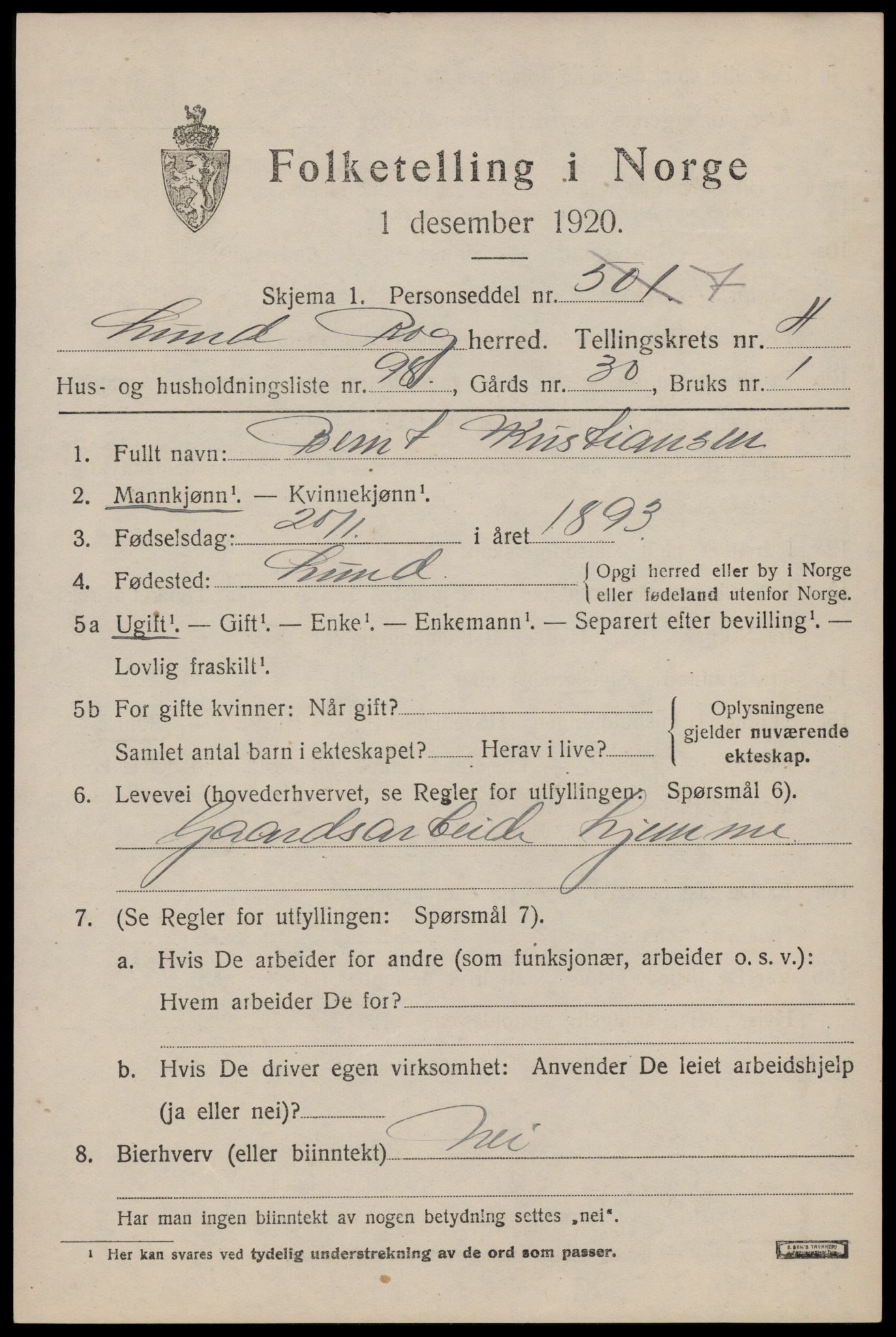 SAST, 1920 census for Lund, 1920, p. 3128