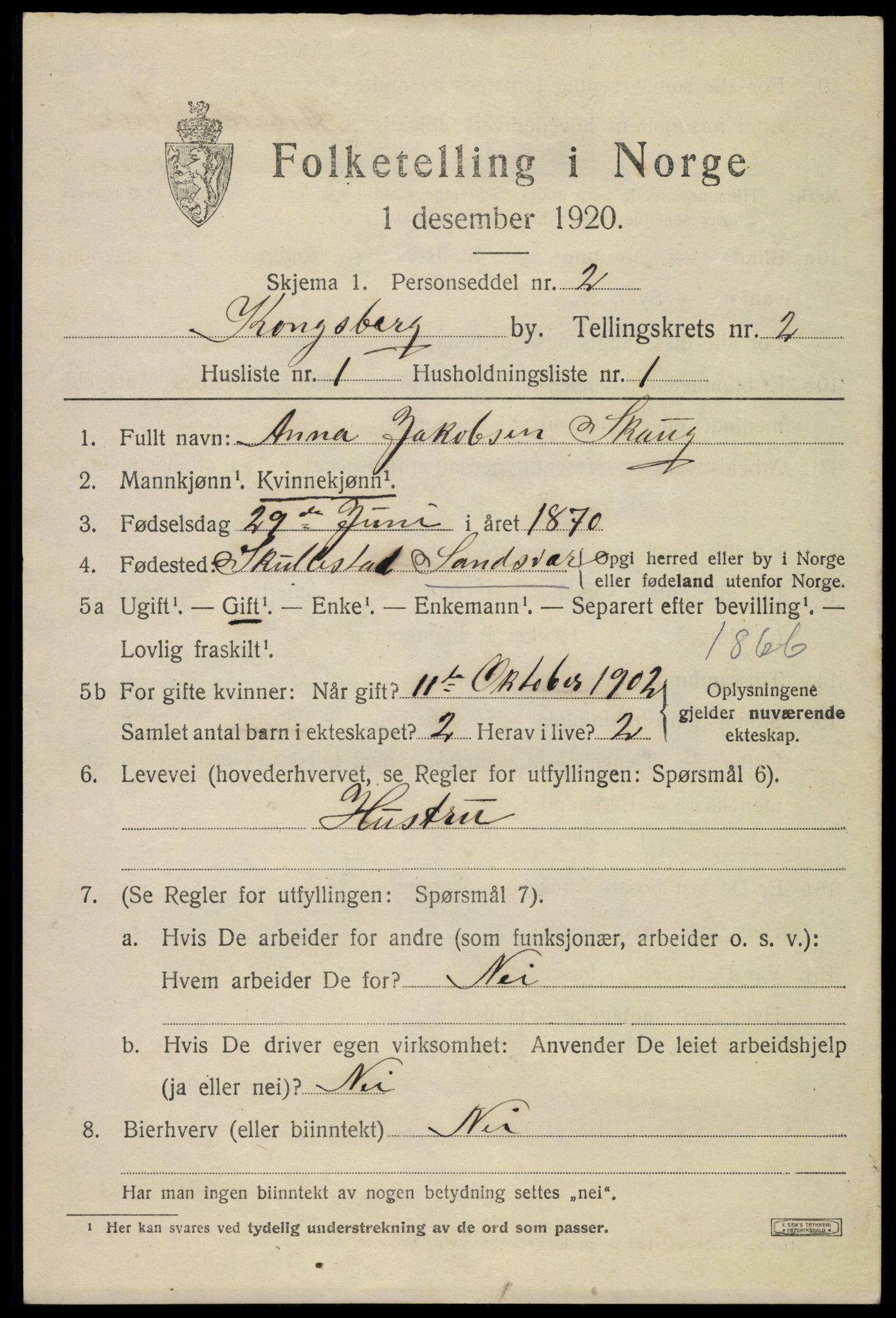 SAKO, 1920 census for Kongsberg, 1920, p. 6770