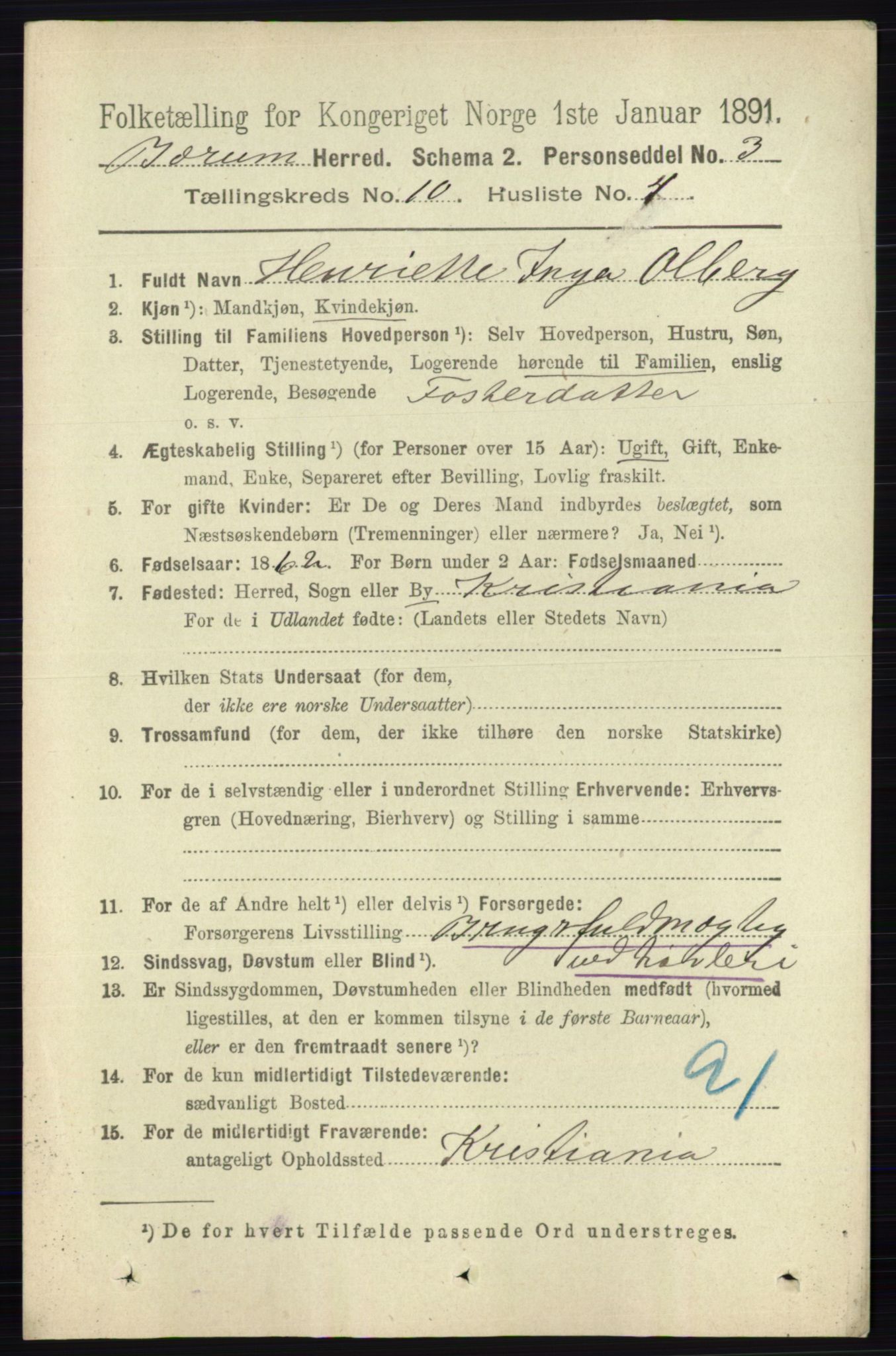 RA, 1891 census for 0219 Bærum, 1891, p. 6383