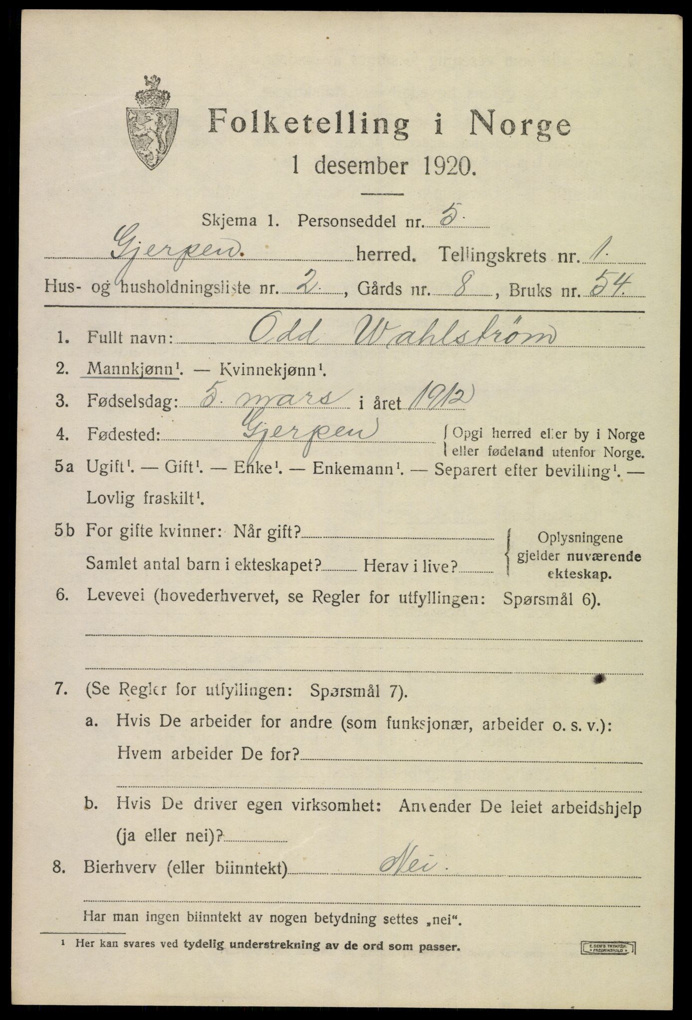SAKO, 1920 census for Gjerpen, 1920, p. 2708