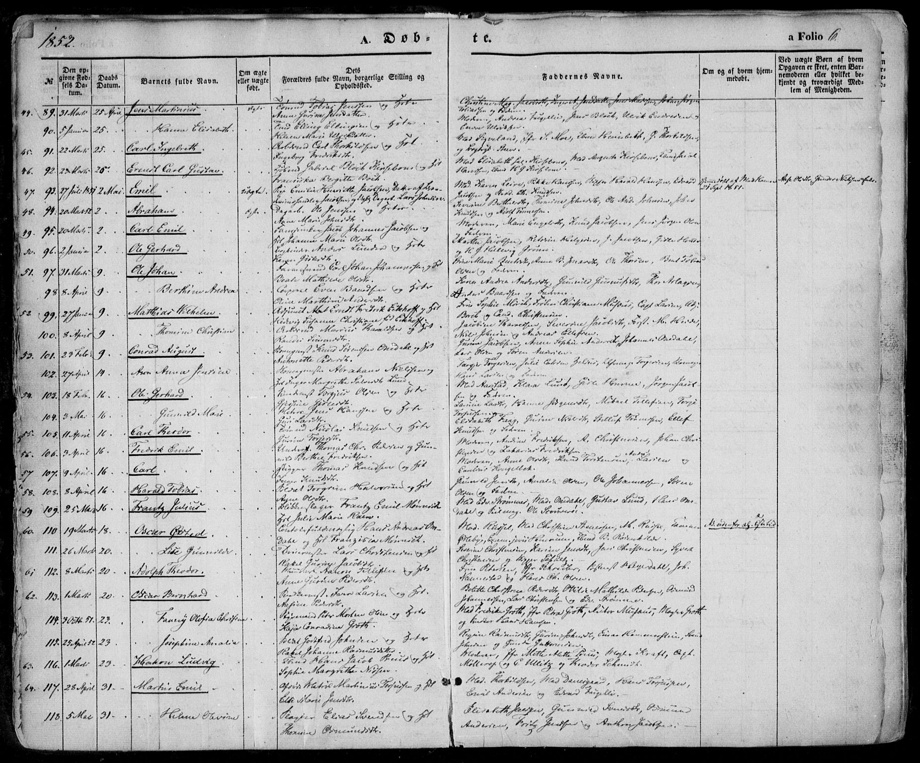 Kristiansand domprosti, SAK/1112-0006/F/Fa/L0014: Parish register (official) no. A 14, 1852-1867, p. 6