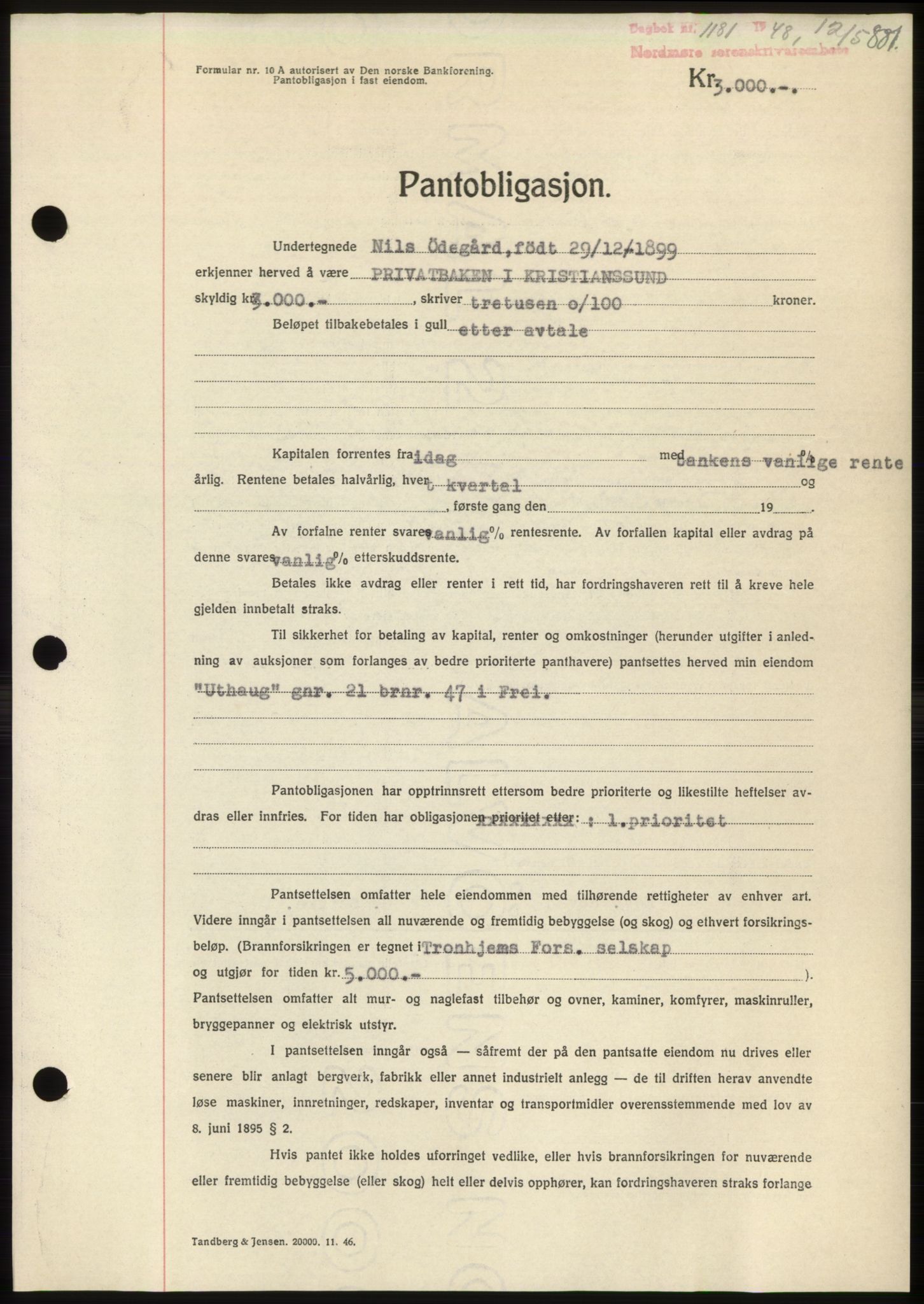 Nordmøre sorenskriveri, AV/SAT-A-4132/1/2/2Ca: Mortgage book no. B98, 1948-1948, Diary no: : 1181/1948