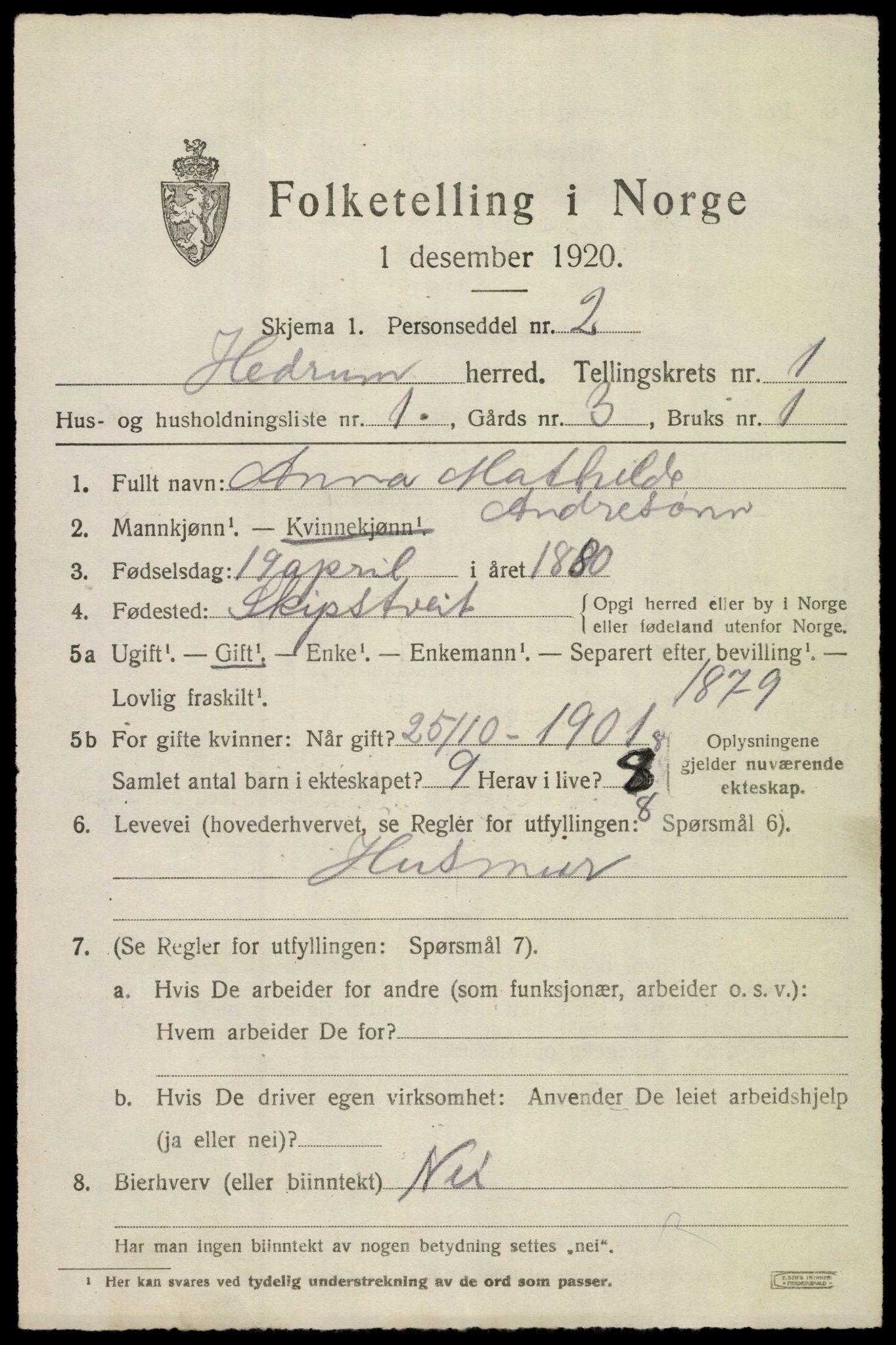 SAKO, 1920 census for Hedrum, 1920, p. 1789