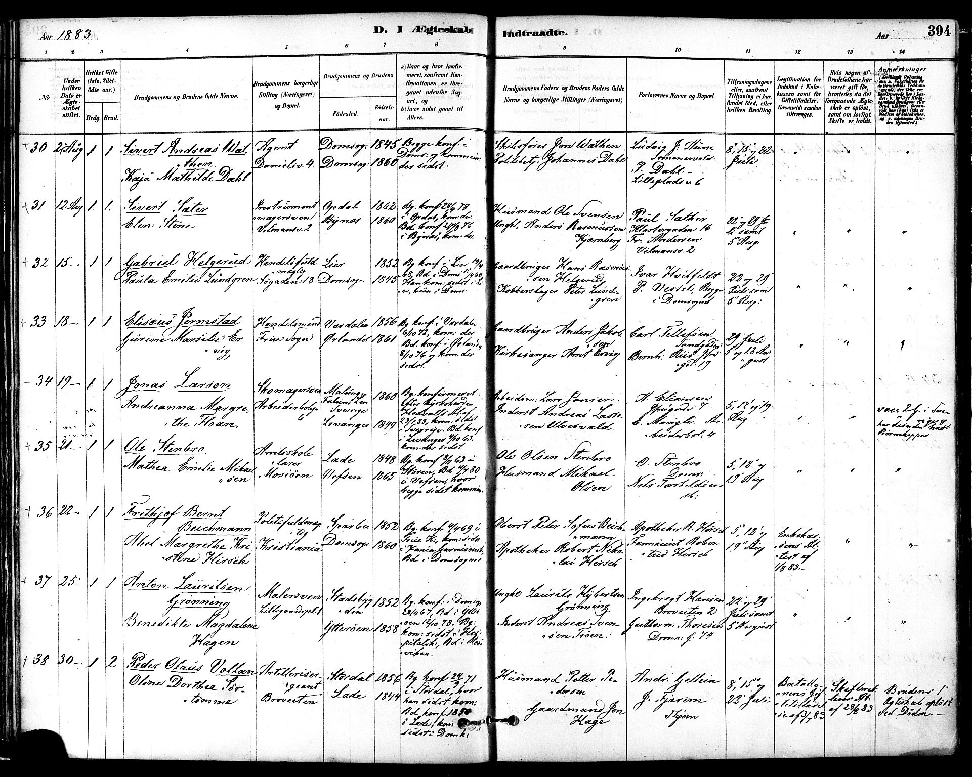 Ministerialprotokoller, klokkerbøker og fødselsregistre - Sør-Trøndelag, AV/SAT-A-1456/601/L0058: Parish register (official) no. 601A26, 1877-1891, p. 394