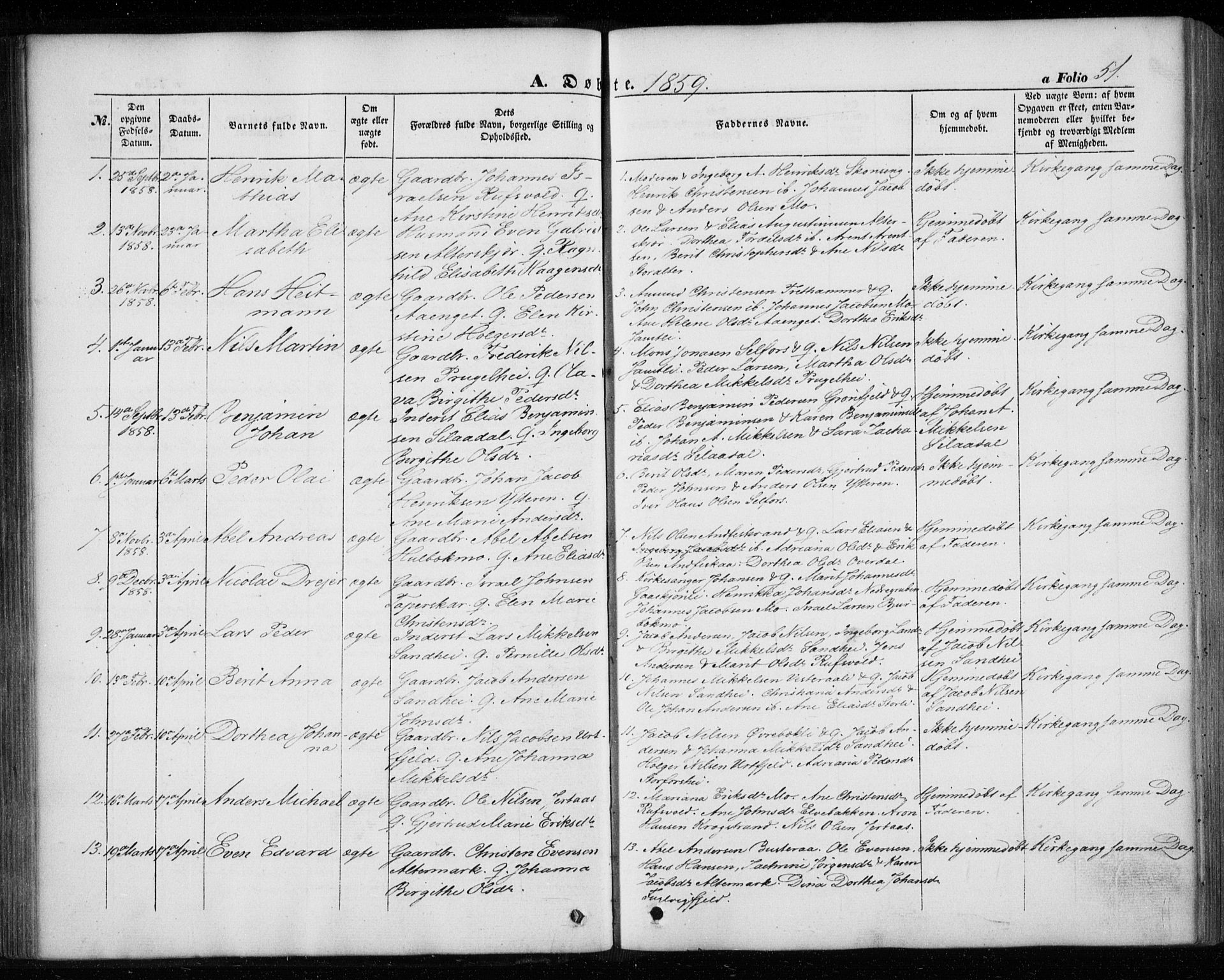 Ministerialprotokoller, klokkerbøker og fødselsregistre - Nordland, SAT/A-1459/827/L0392: Parish register (official) no. 827A04, 1853-1866, p. 51