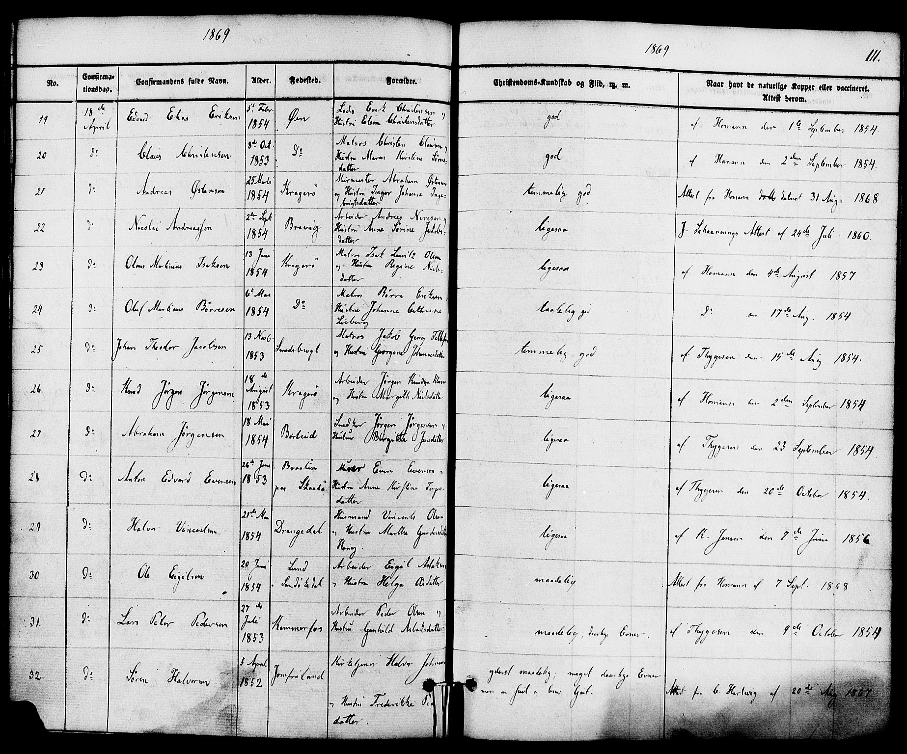 Kragerø kirkebøker, AV/SAKO-A-278/F/Fa/L0008: Parish register (official) no. 8, 1856-1880, p. 111