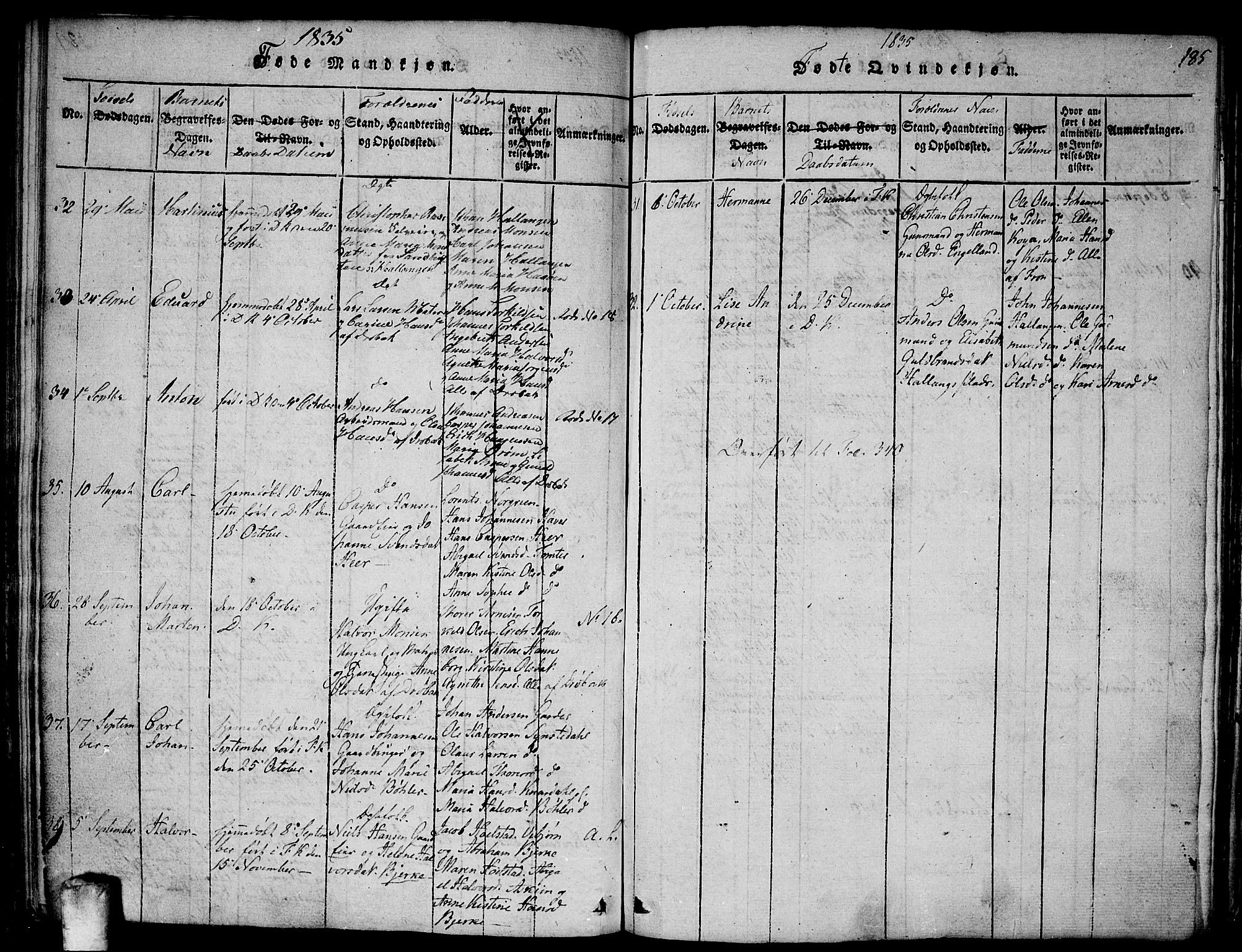 Drøbak prestekontor Kirkebøker, AV/SAO-A-10142a/F/Fa/L0001: Parish register (official) no. I 1, 1816-1842, p. 185