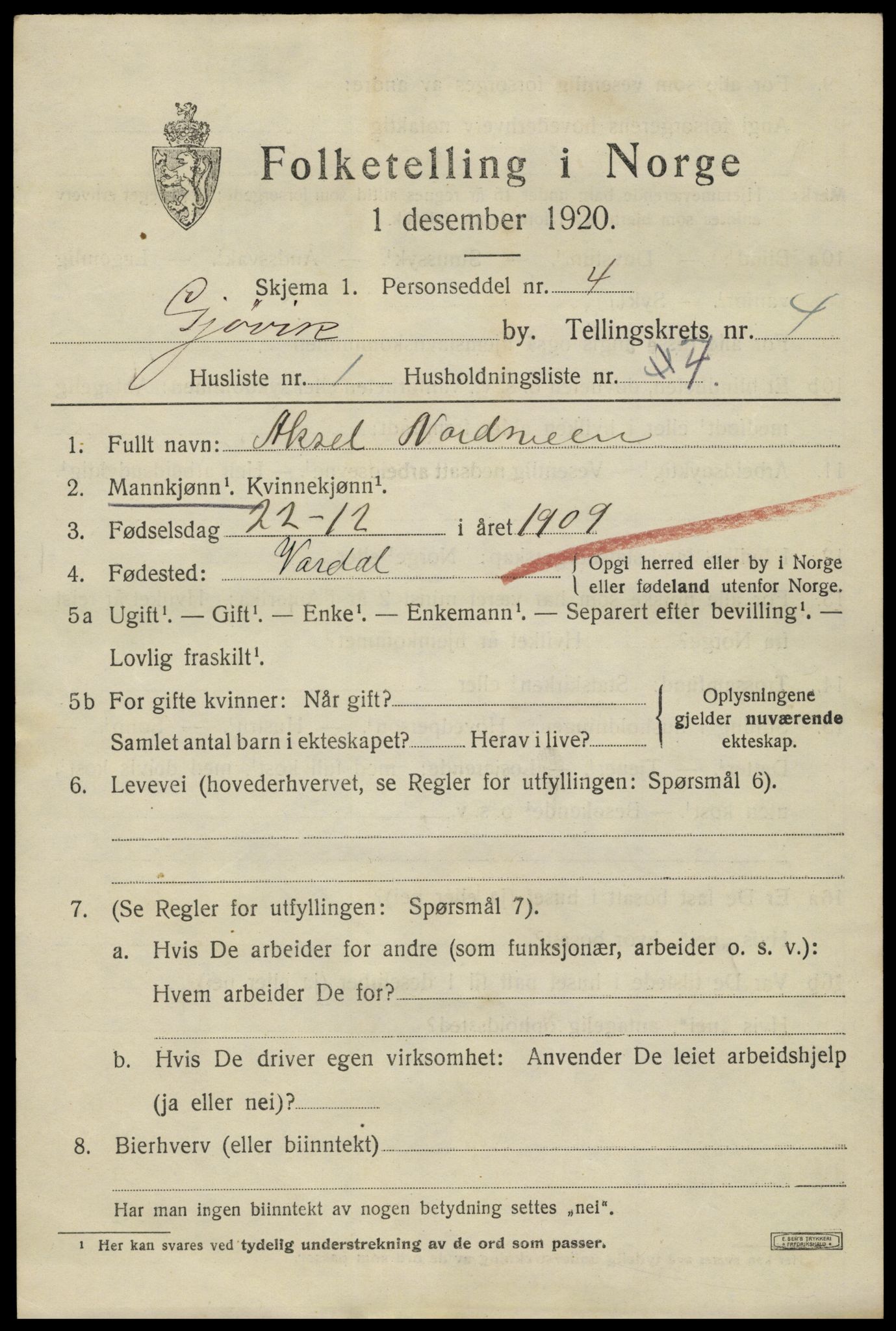 SAH, 1920 census for Gjøvik, 1920, p. 7852