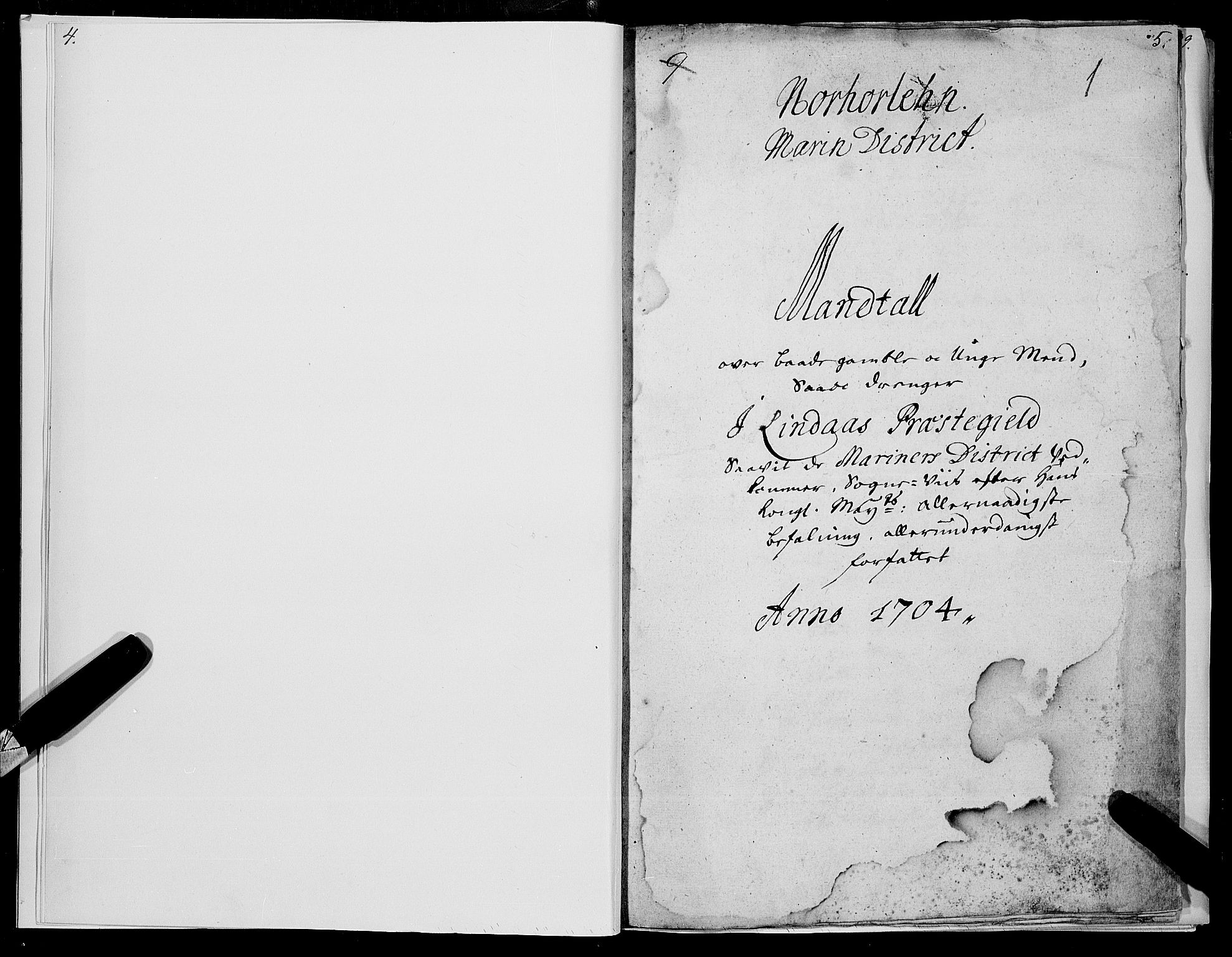 Stiftamtmannen i Bergen, AV/SAB-A-100006/F/Fc/L0005: Lnr. 1888: Militære manntall og ruller for Nordhordland og Voss, 1704-1711, p. 4-5