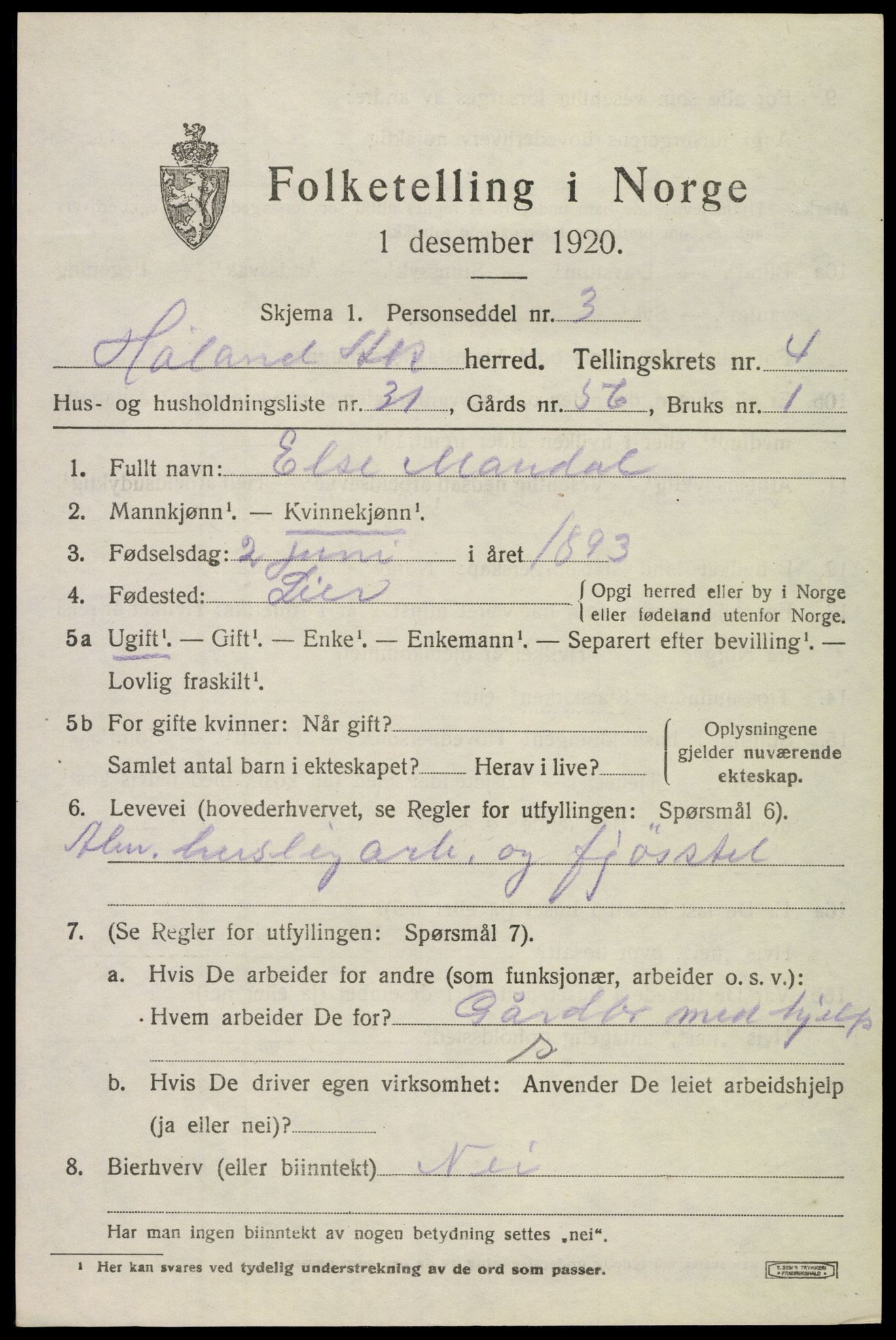 SAO, 1920 census for Høland, 1920, p. 6211