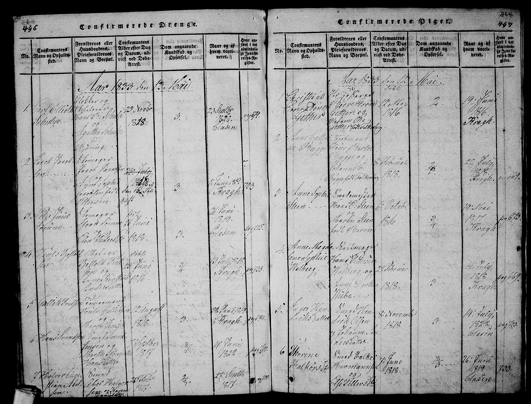 Larvik kirkebøker, AV/SAKO-A-352/G/Gb/L0001: Parish register (copy) no. II 1, 1818-1843, p. 496-497