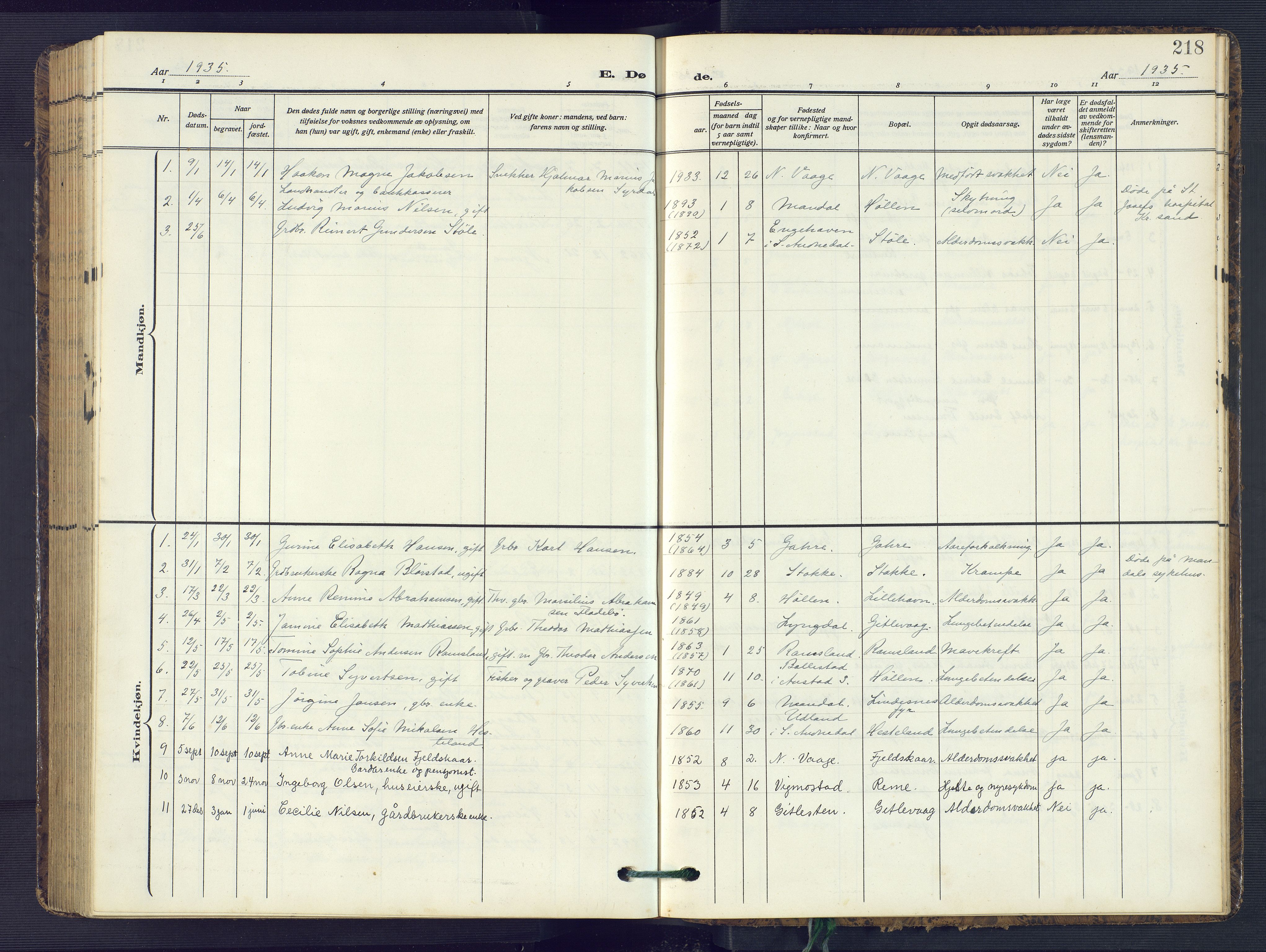 Sør-Audnedal sokneprestkontor, AV/SAK-1111-0039/F/Fb/Fba/L0005: Parish register (copy) no. B 5, 1908-1963, p. 218