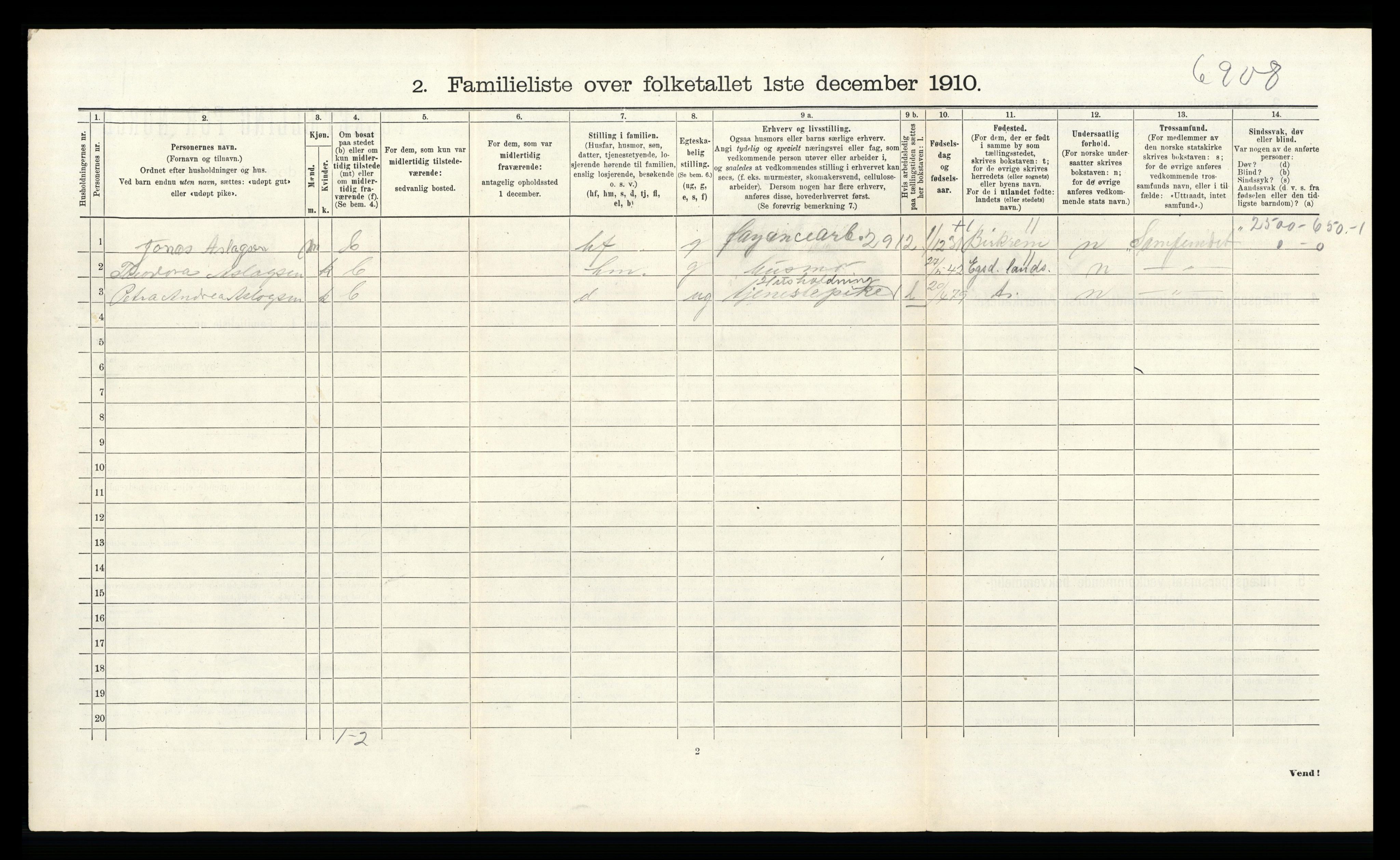 RA, 1910 census for Egersund, 1910, p. 2208