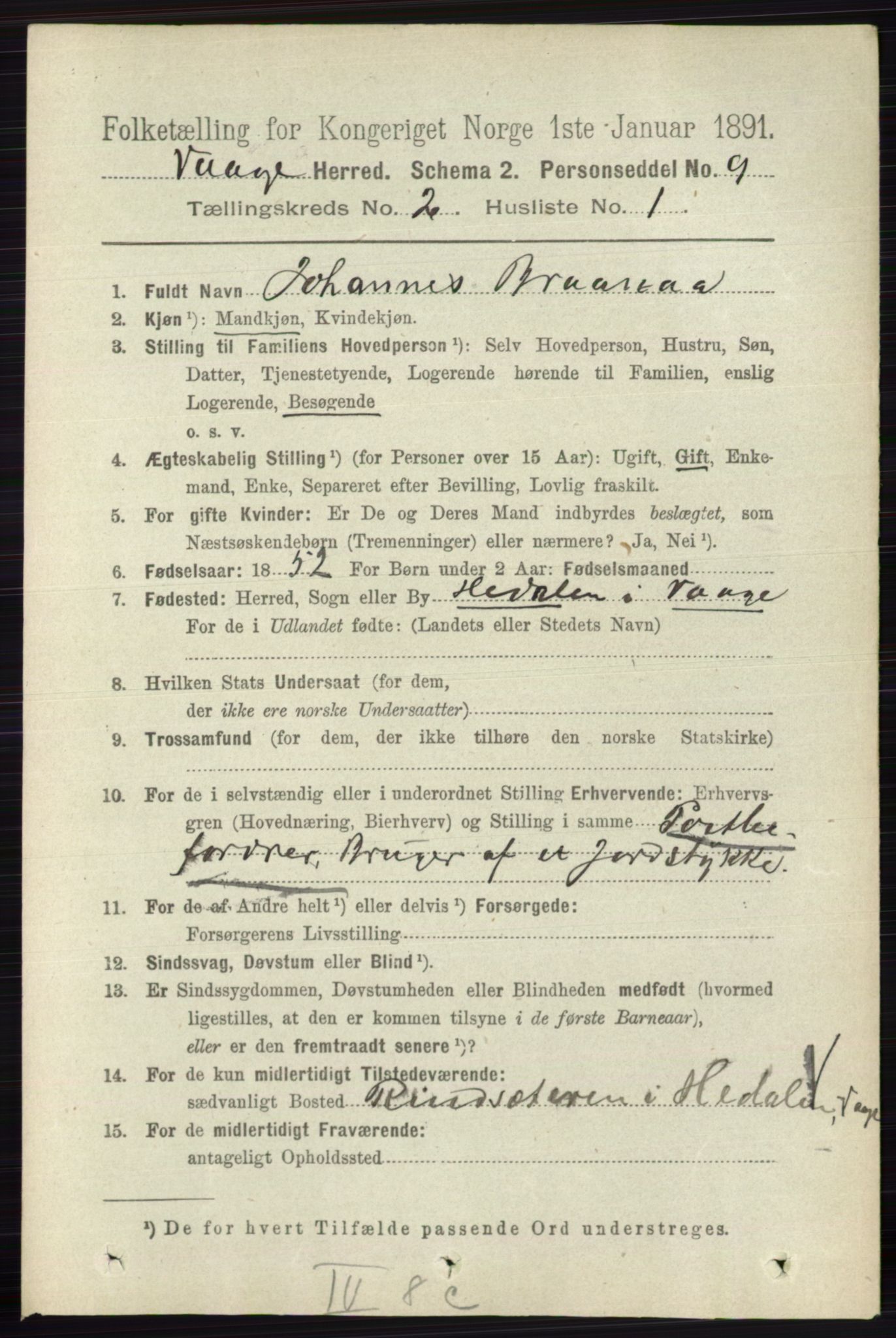 RA, 1891 census for 0515 Vågå, 1891, p. 1143