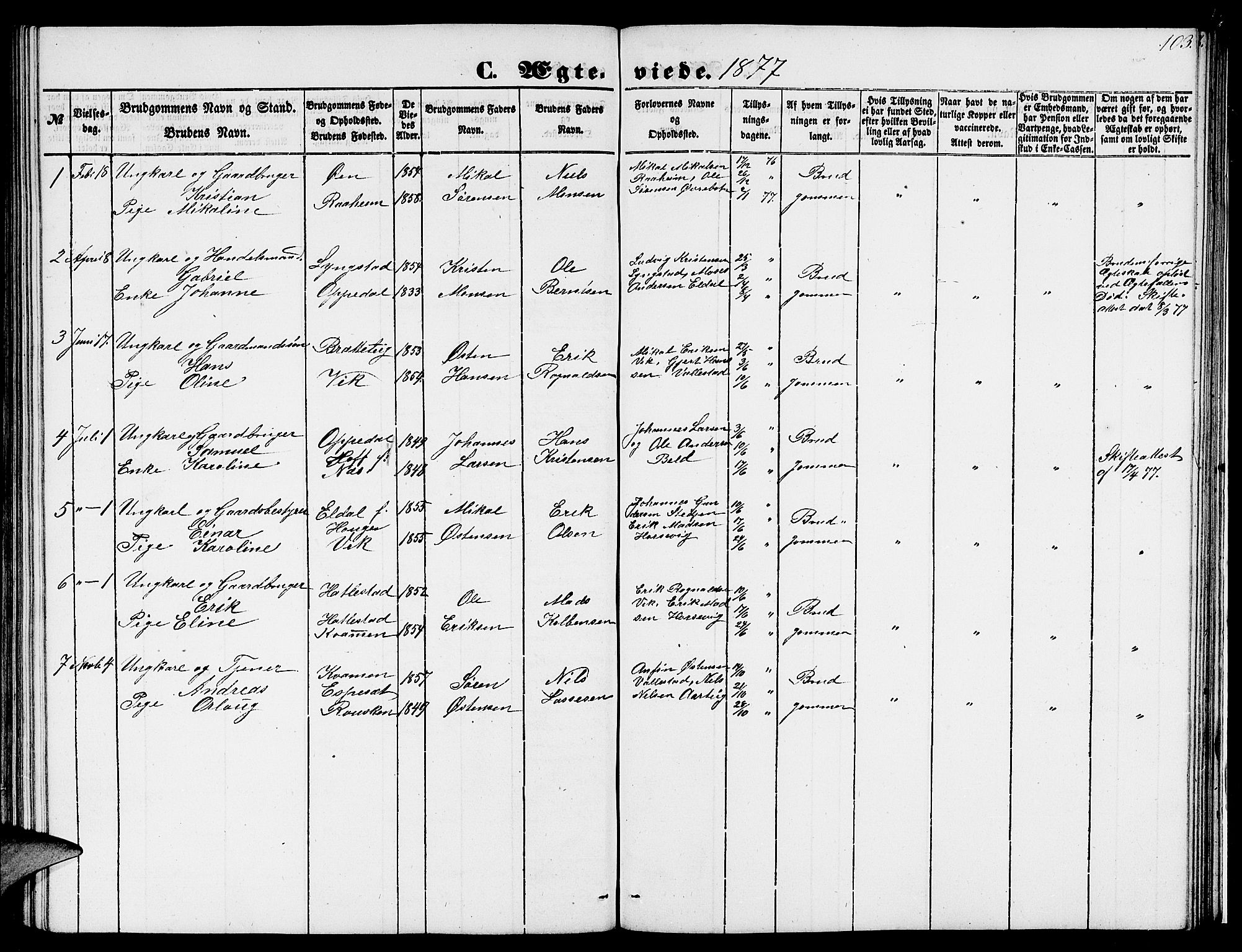 Gaular sokneprestembete, SAB/A-80001/H/Hab: Parish register (copy) no. C 1, 1853-1877, p. 103