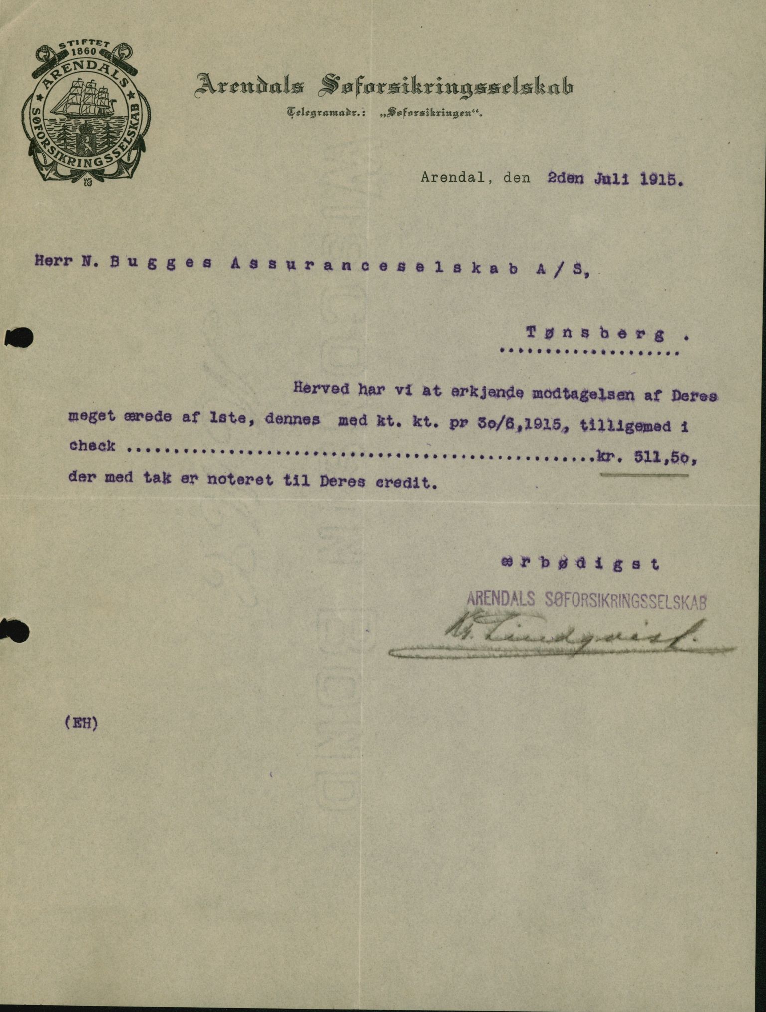 Pa 664 - Tønsberg Sjøforsikringsselskap, VEMU/A-1773/D/Da/L0001: Mai - November
Oscar Aalborg, 1915