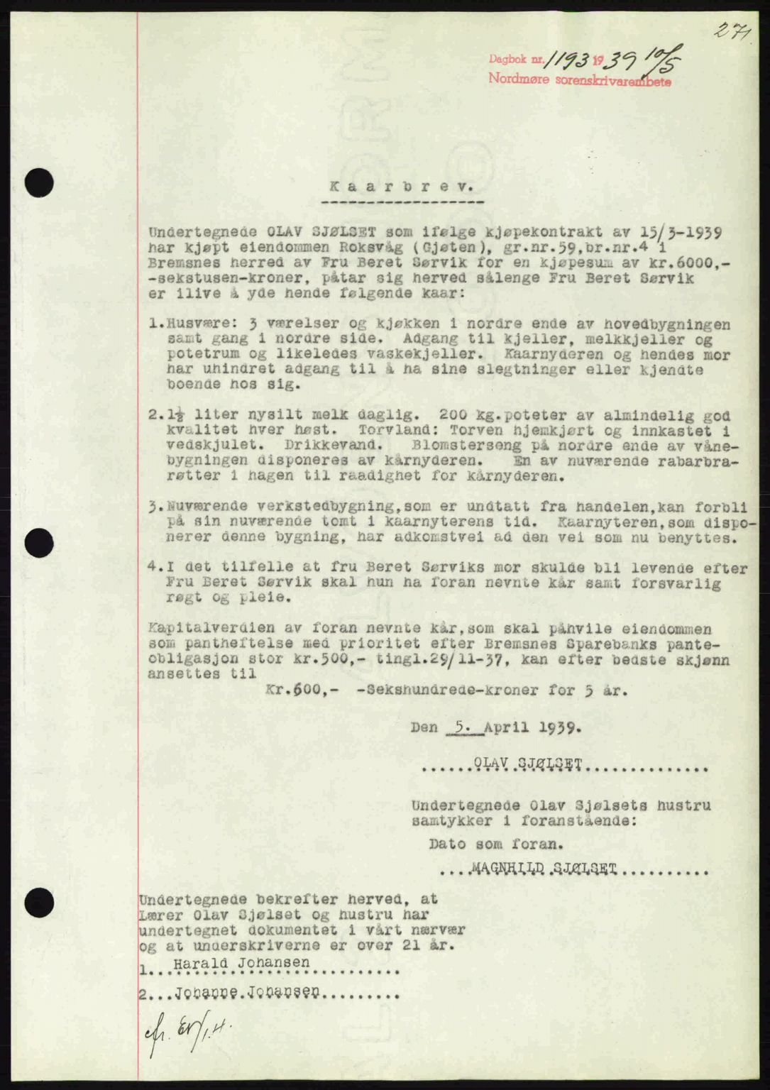 Nordmøre sorenskriveri, AV/SAT-A-4132/1/2/2Ca: Mortgage book no. B85, 1939-1939, Diary no: : 1193/1939