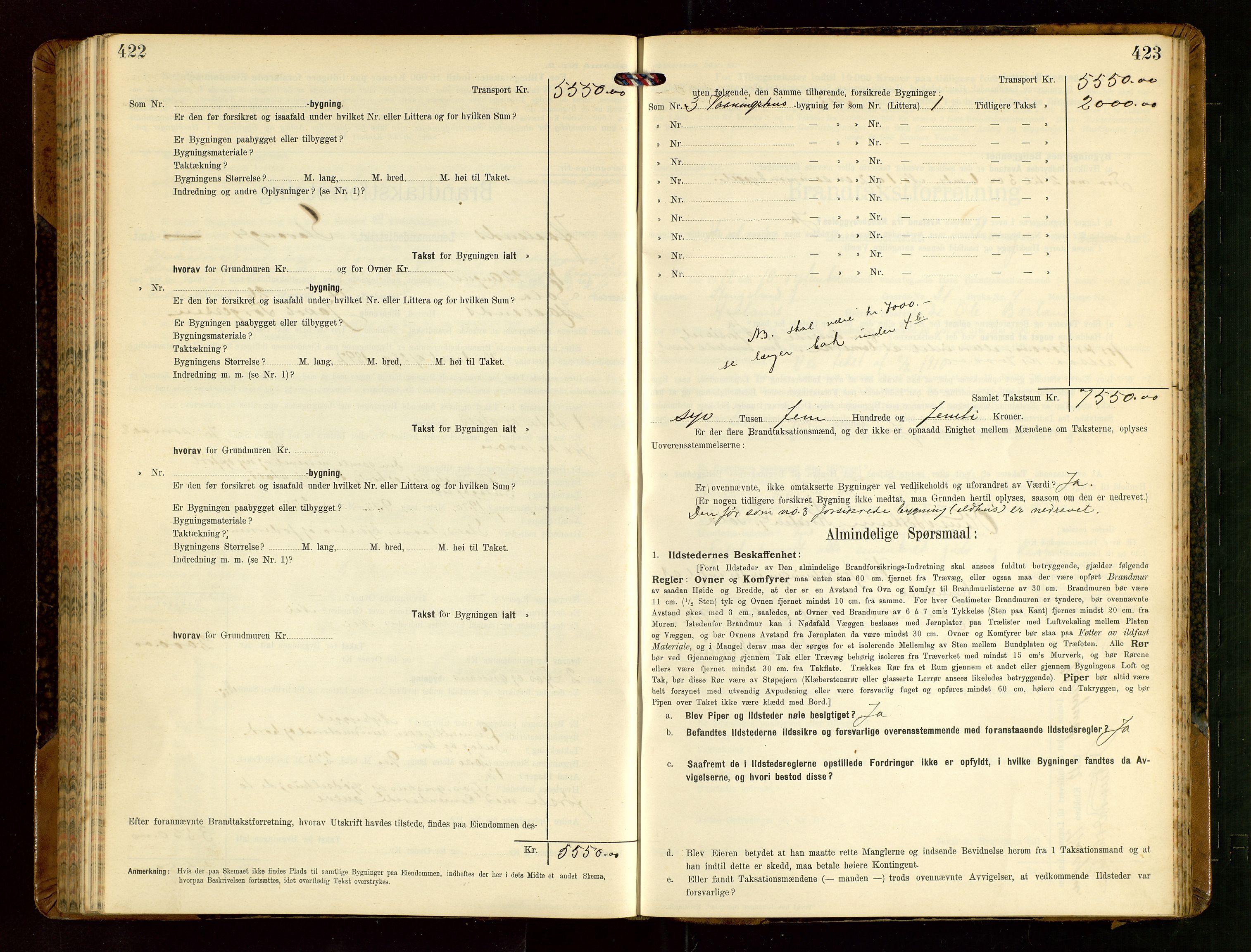 Håland lensmannskontor, AV/SAST-A-100100/Gob/L0004: Branntakstprotokoll - skjematakst. Register i boken., 1913-1915, p. 422-423