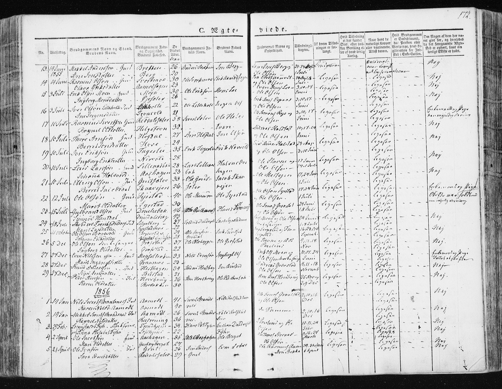 Ministerialprotokoller, klokkerbøker og fødselsregistre - Sør-Trøndelag, SAT/A-1456/672/L0855: Parish register (official) no. 672A07, 1829-1860, p. 172