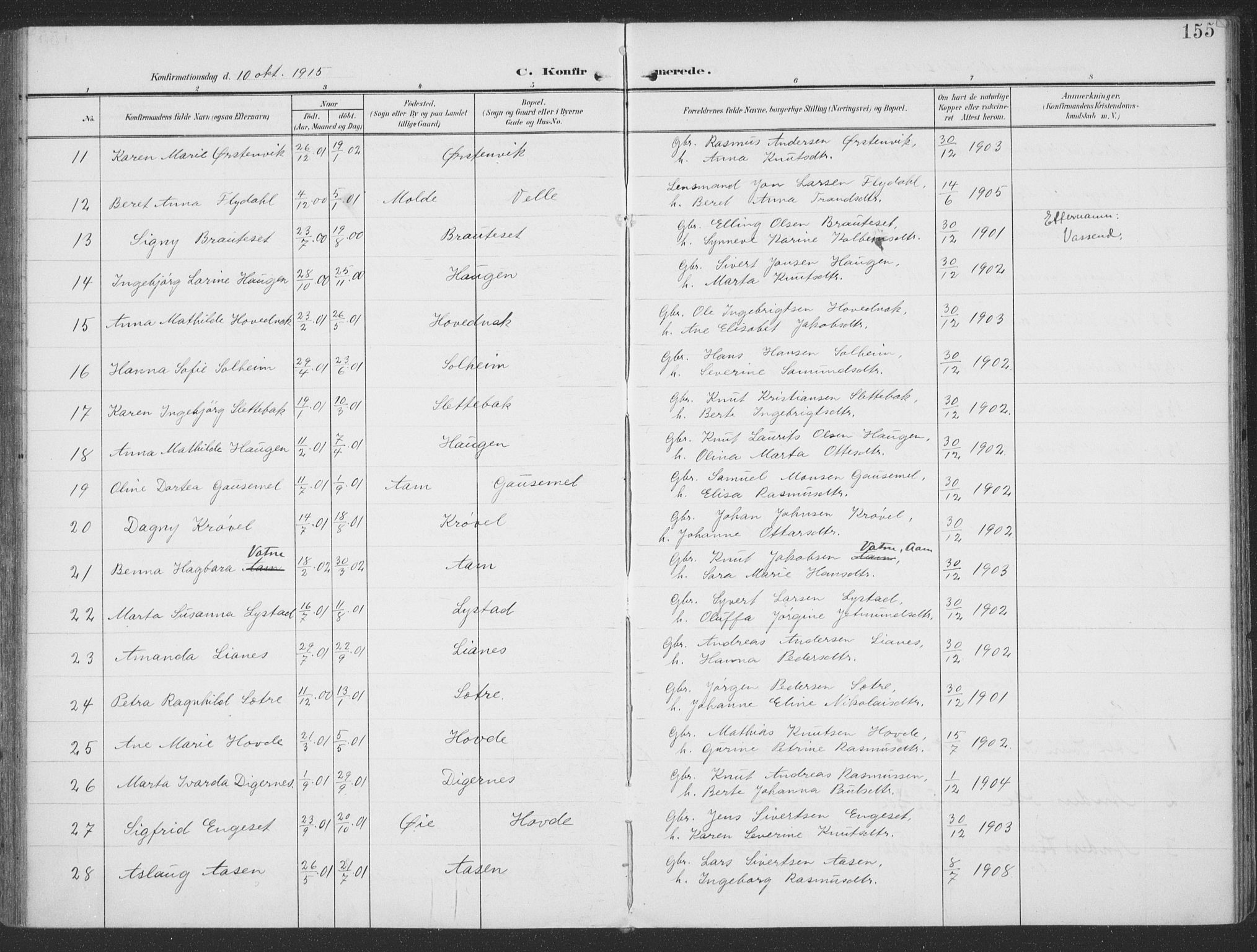 Ministerialprotokoller, klokkerbøker og fødselsregistre - Møre og Romsdal, SAT/A-1454/513/L0178: Parish register (official) no. 513A05, 1906-1919, p. 155