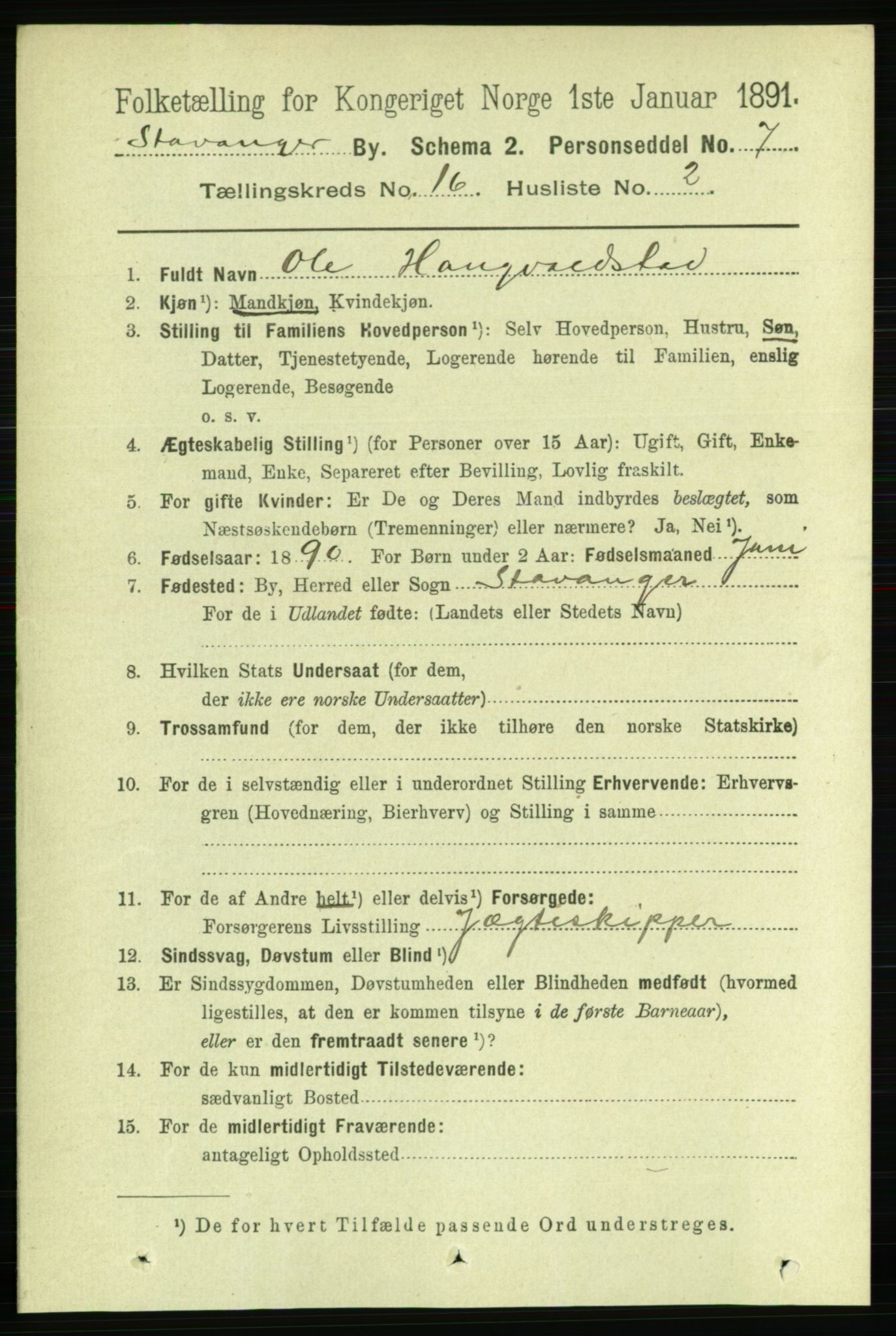 RA, 1891 census for 1103 Stavanger, 1891, p. 18852