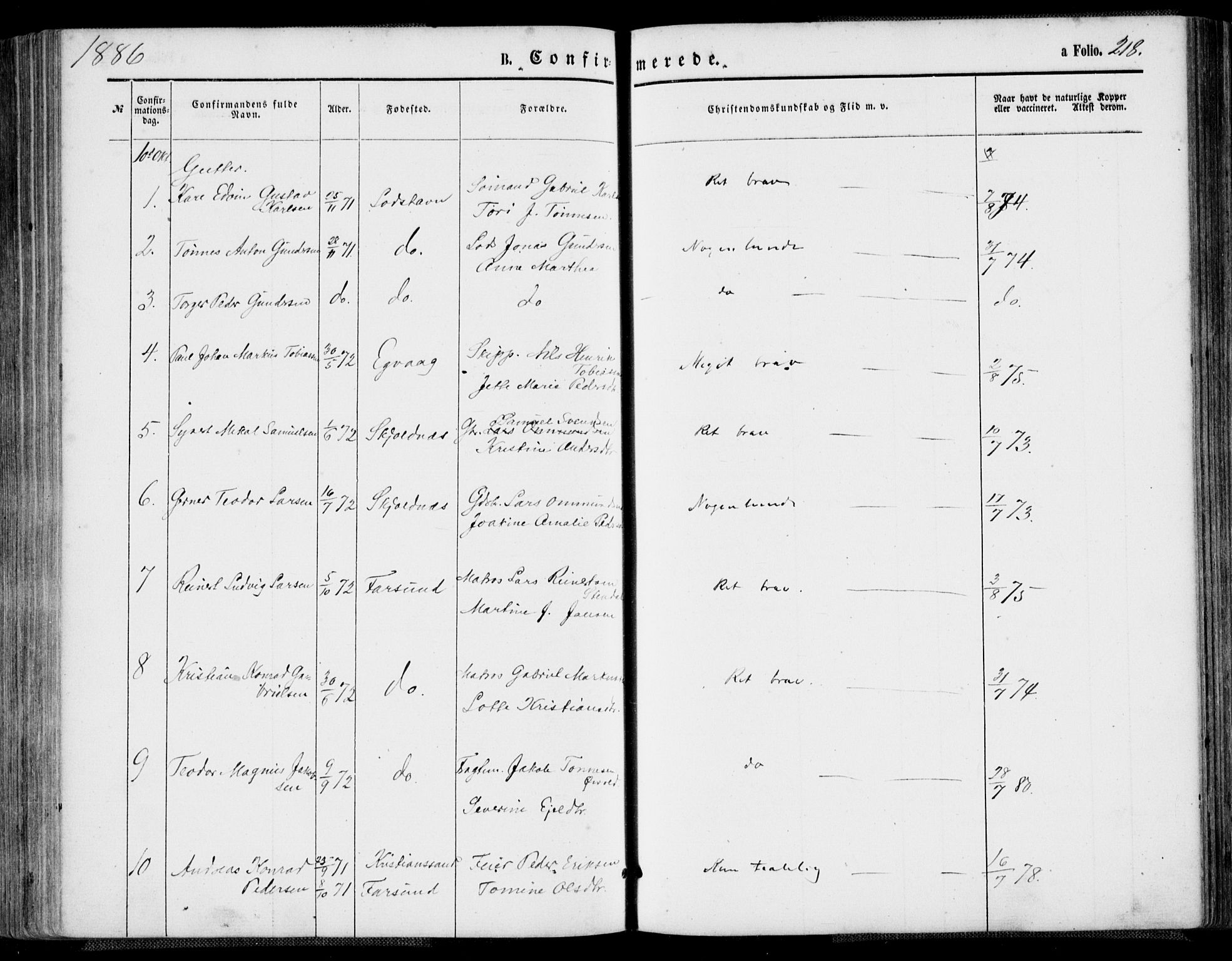 Farsund sokneprestkontor, AV/SAK-1111-0009/F/Fa/L0005: Parish register (official) no. A 5, 1863-1886, p. 218