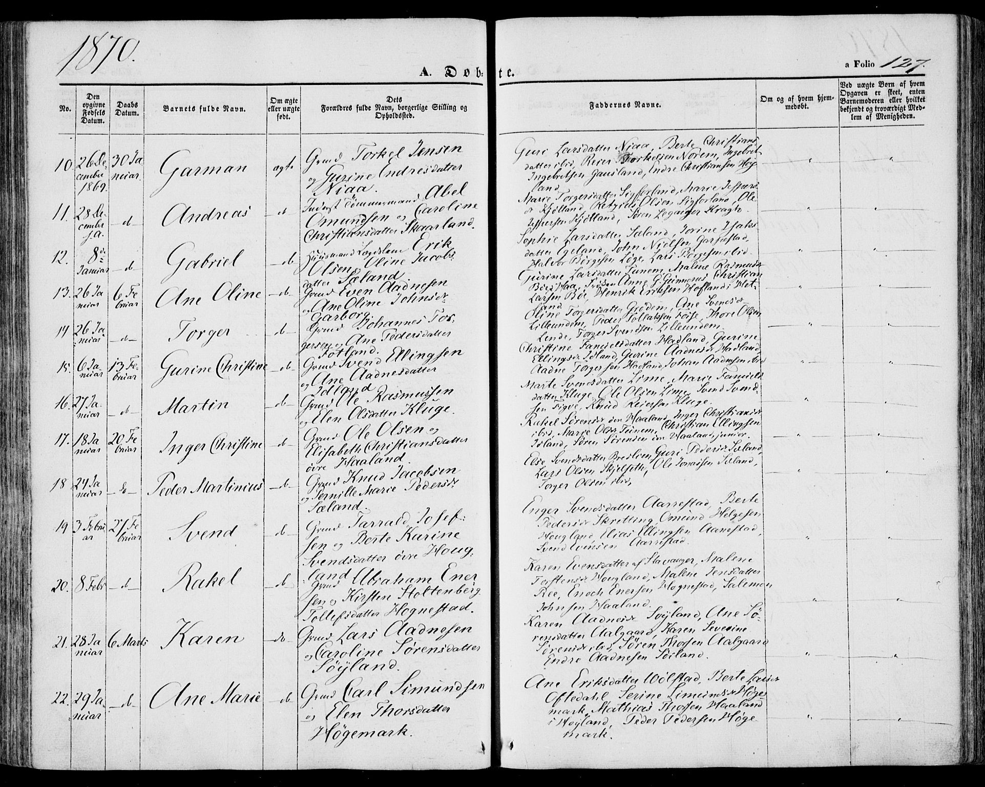 Lye sokneprestkontor, SAST/A-101794/001/30BA/L0007: Parish register (official) no. A 6, 1856-1871, p. 127