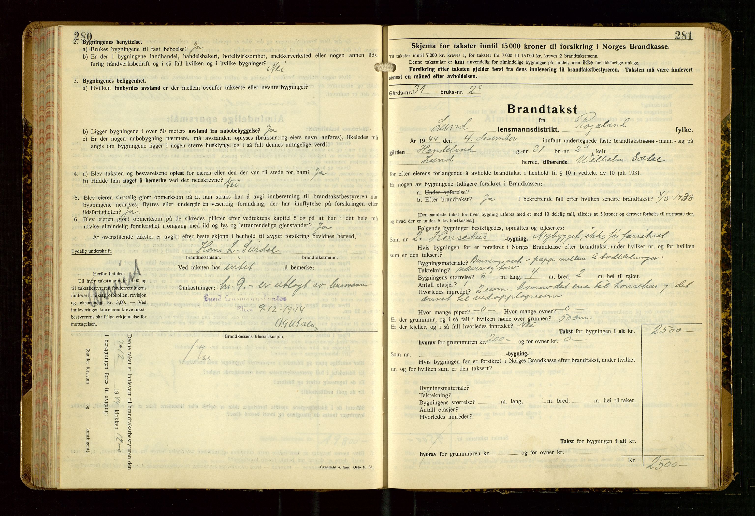 Lund lensmannskontor, AV/SAST-A-100303/Gob/L0006: "Brandtakstprotokoll", 1938-1951, p. 280-281