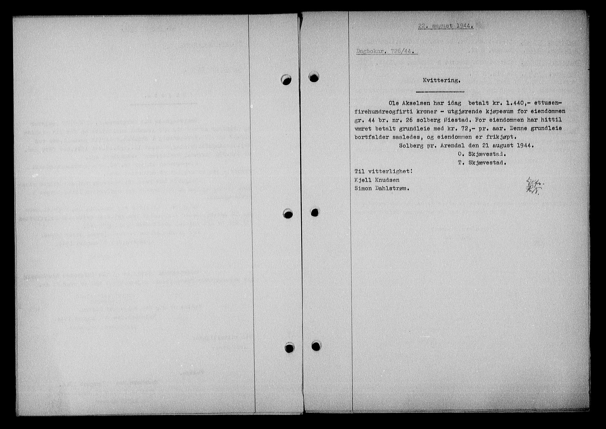 Nedenes sorenskriveri, SAK/1221-0006/G/Gb/Gba/L0051: Mortgage book no. A-V, 1943-1944, Diary no: : 726/1944