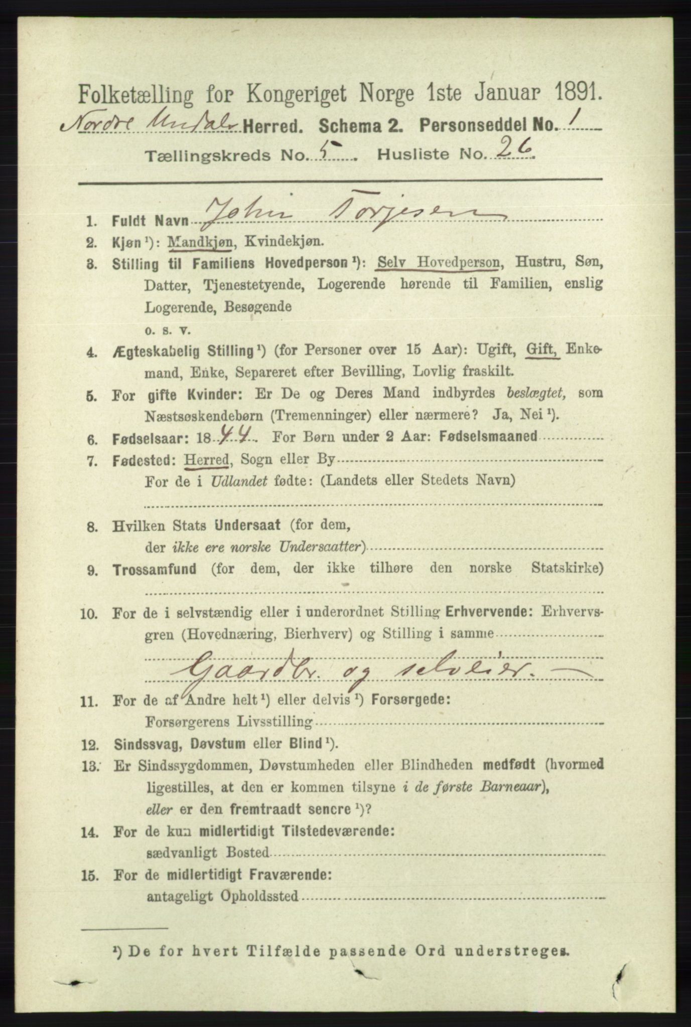 RA, 1891 census for 1028 Nord-Audnedal, 1891, p. 1327