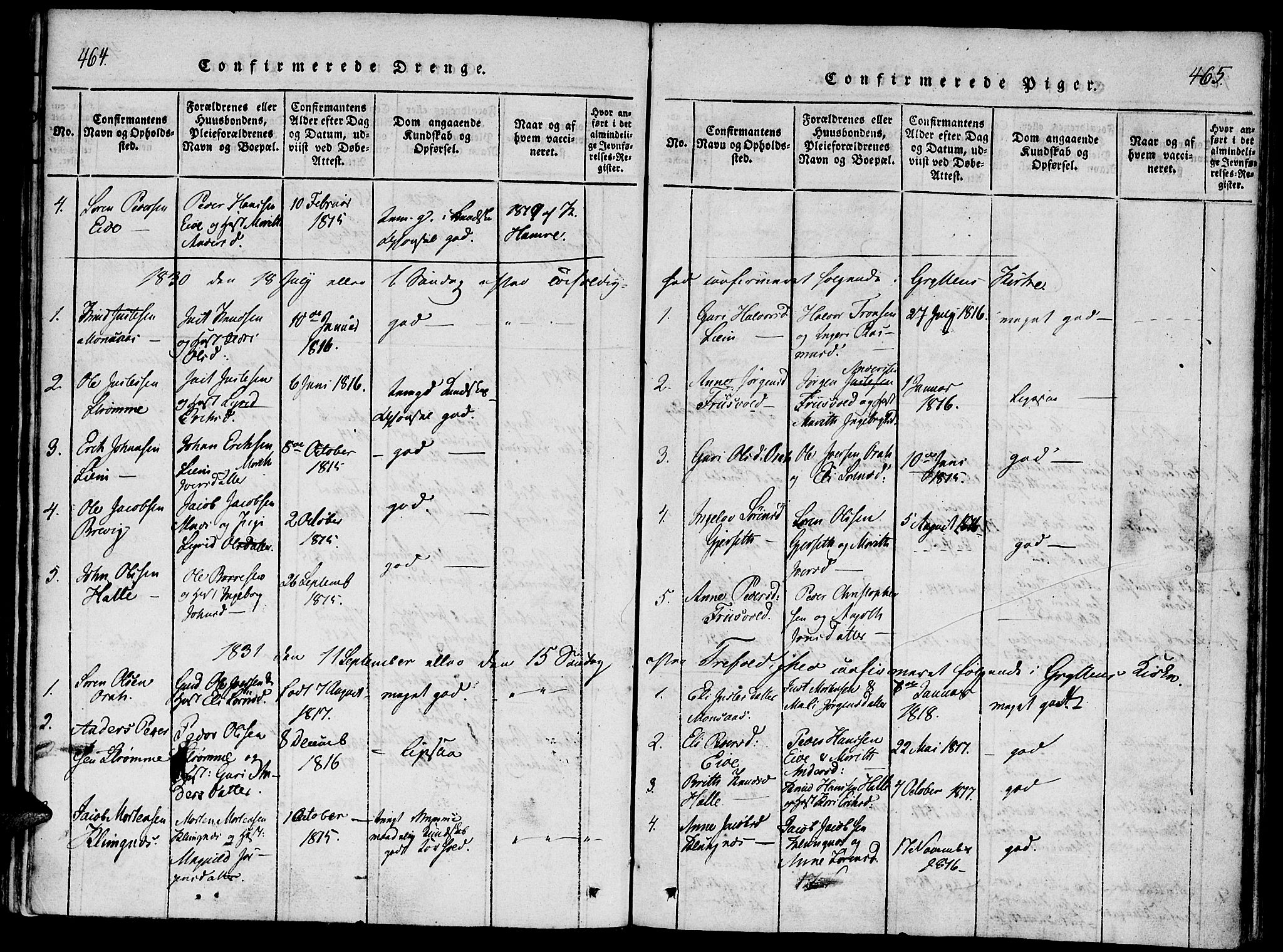 Ministerialprotokoller, klokkerbøker og fødselsregistre - Møre og Romsdal, SAT/A-1454/542/L0551: Parish register (official) no. 542A01, 1818-1853, p. 464-465