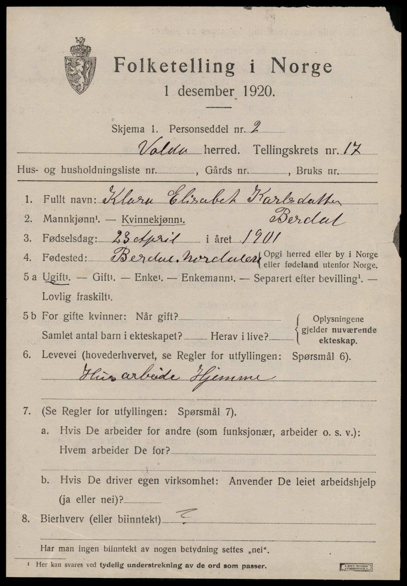 SAT, 1920 census for Volda, 1920, p. 9856