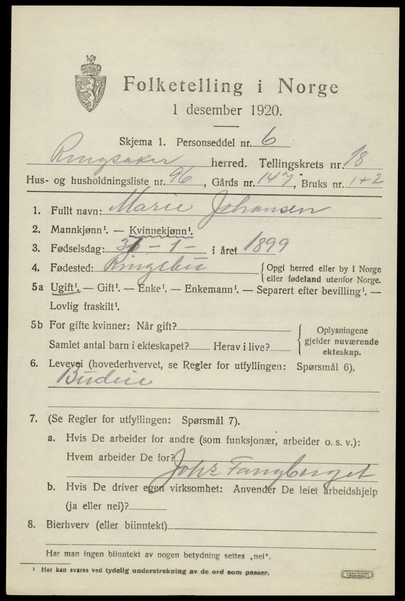 SAH, 1920 census for Ringsaker, 1920, p. 26192