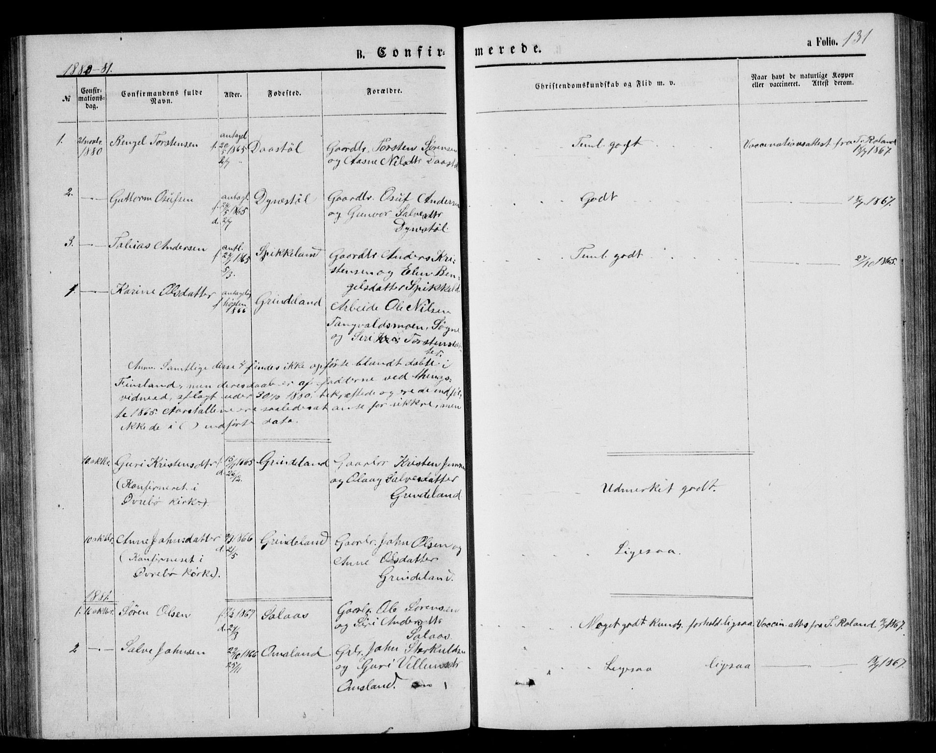 Bjelland sokneprestkontor, AV/SAK-1111-0005/F/Fb/Fbb/L0004: Parish register (copy) no. B 4, 1867-1887, p. 131