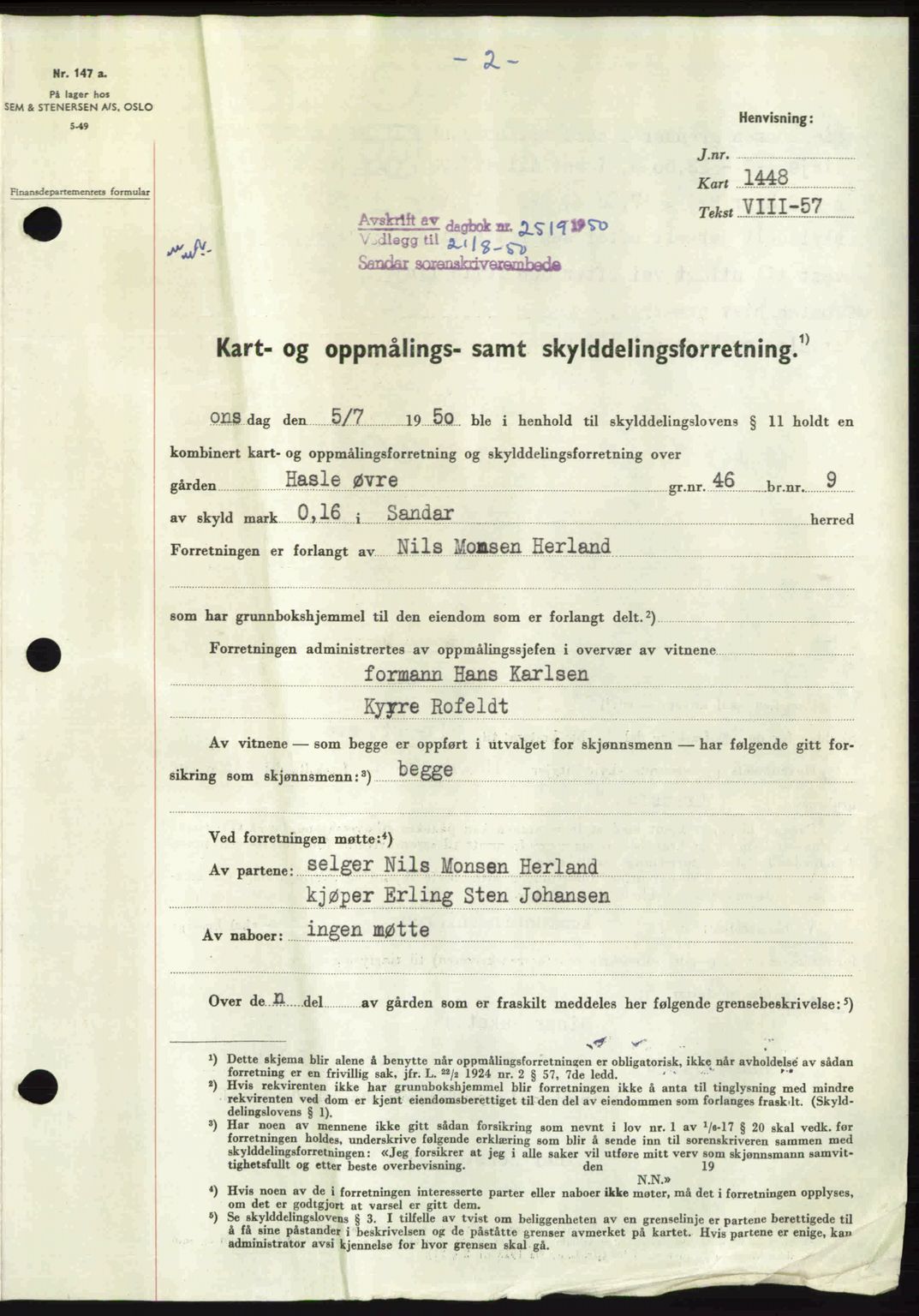 Sandar sorenskriveri, AV/SAKO-A-86/G/Ga/Gaa/L0022: Mortgage book no. A-22, 1950-1950, Diary no: : 2519/1950